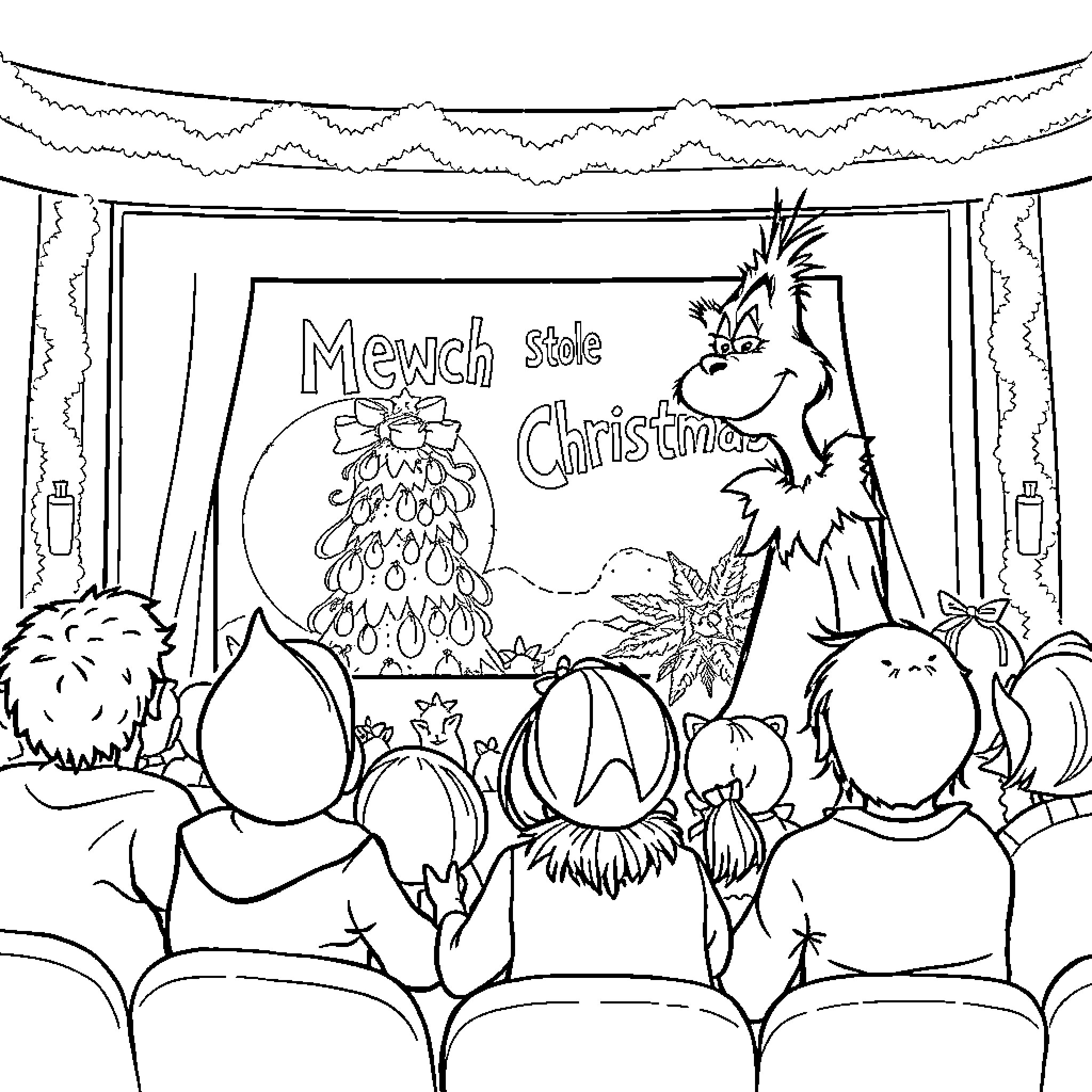 Grinch and friends celebrate Christmas on stage Coloring Page (free black-and-white line drawing printable PDF for all, from beginners to advanced learners, including children, teens, adults, and seniors)