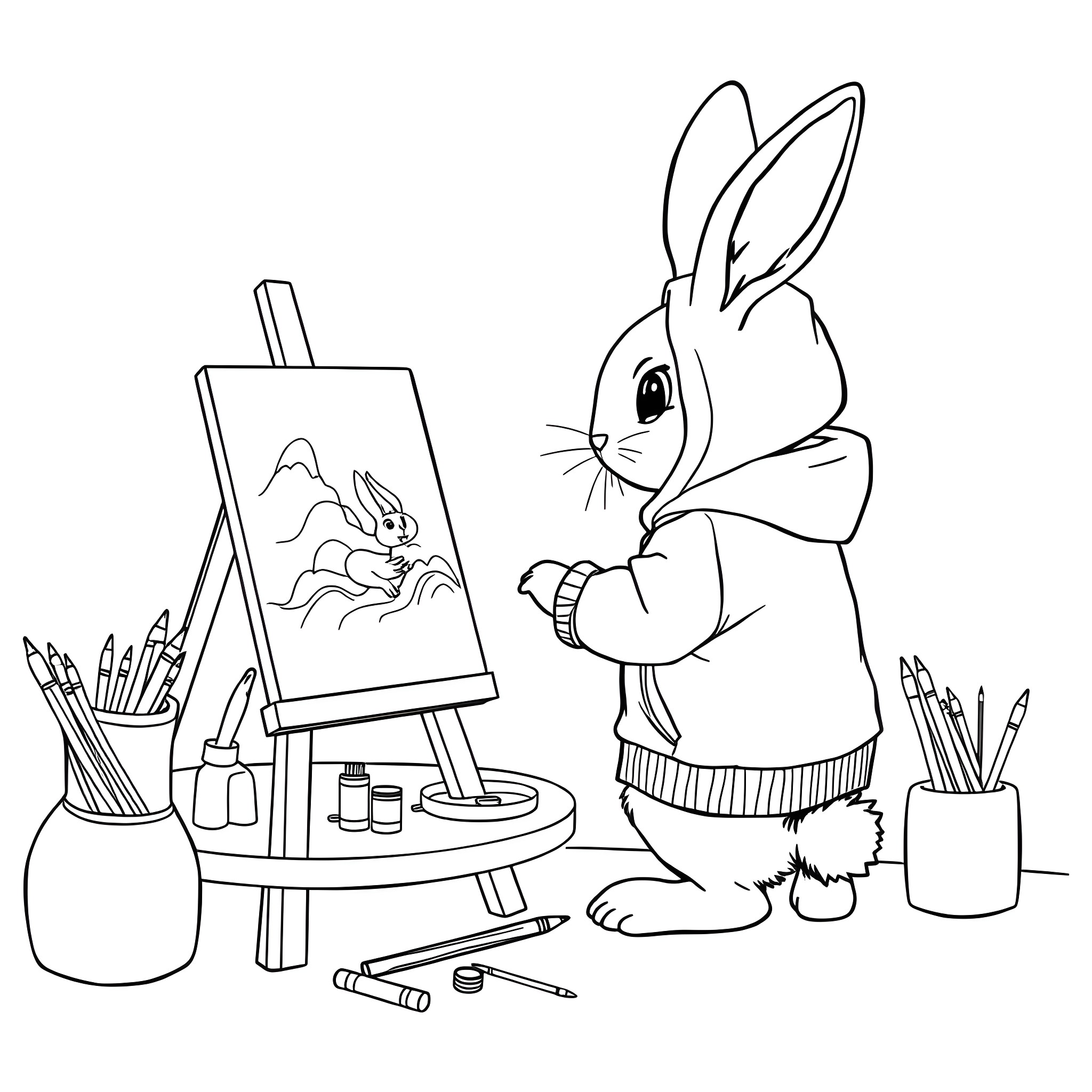 Bunny Artist Painting at Easel Coloring Page (free black-and-white line drawing printable PDF for all, from beginners to advanced learners, including children, teens, adults, and seniors)