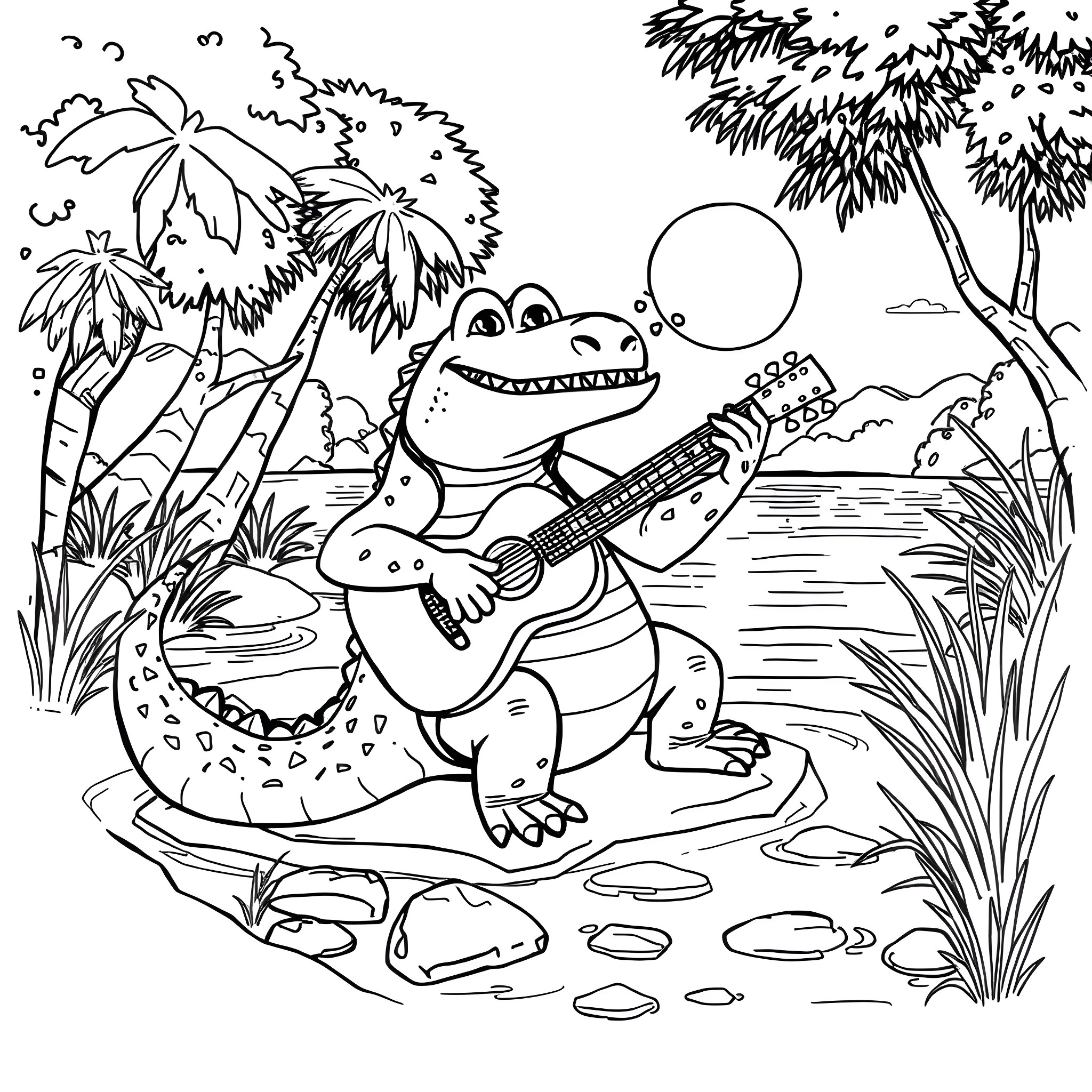 Crocodile playing guitar in the tropical jungle Coloring Page (free black-and-white line drawing printable PDF for all, from beginners to advanced learners, including children, teens, adults, and seniors)