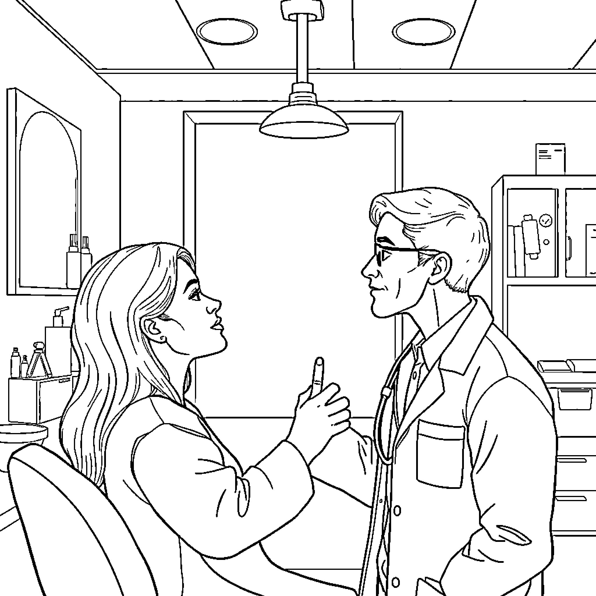 Dermatologist examining patient in clinic Coloring Page (free black-and-white line drawing printable PDF for all, from beginners to advanced learners, including children, teens, adults, and seniors)