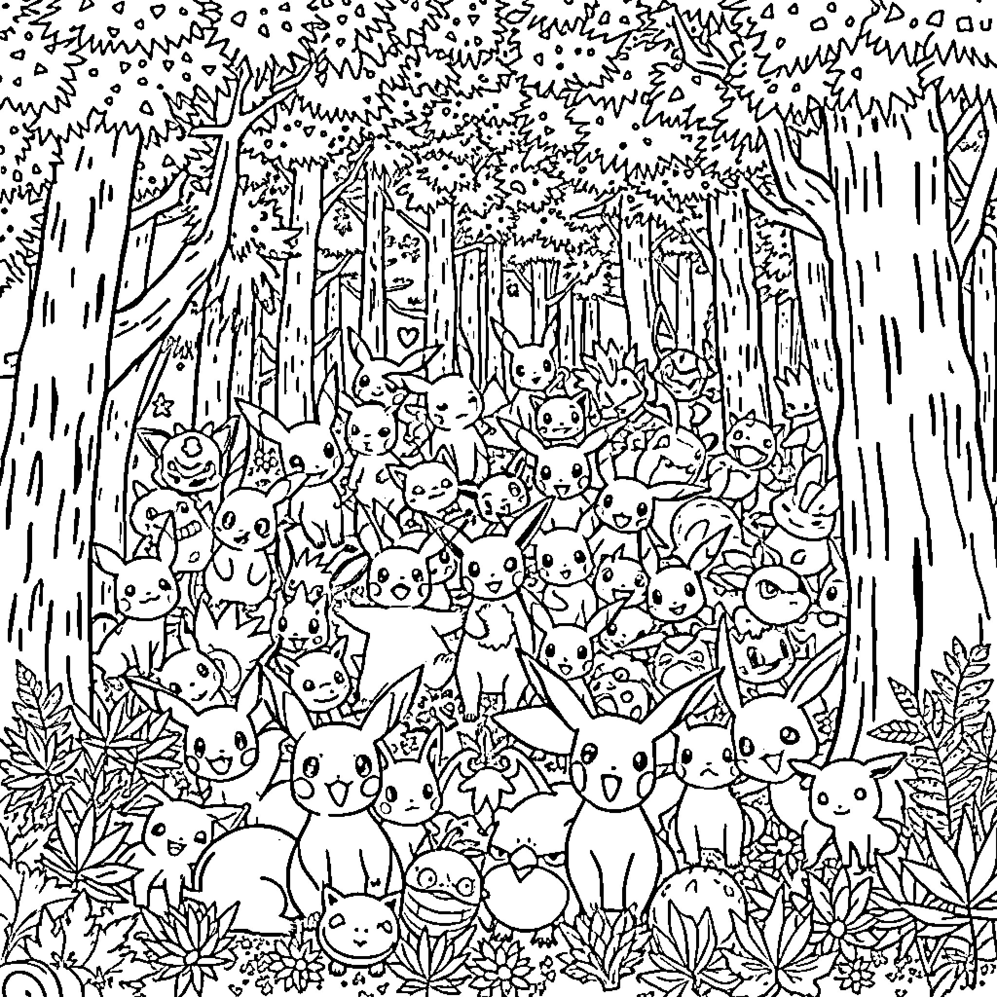 Pokémon Forest Adventure Coloring Page (free black-and-white line drawing printable PDF for all, from beginners to advanced learners, including children, teens, adults, and seniors)