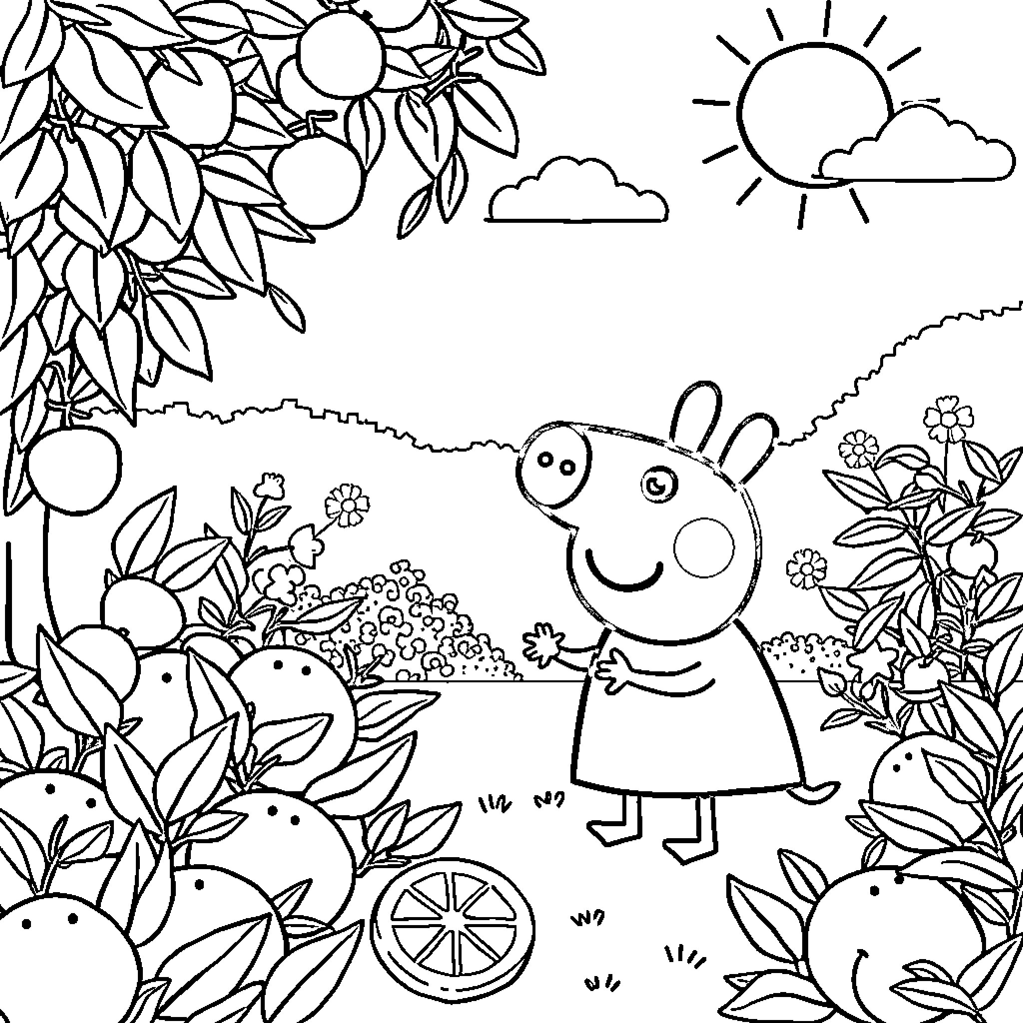 Peppa enjoying a sunny day in the garden Coloring Page (free black-and-white line drawing printable PDF for all, from beginners to advanced learners, including children, teens, adults, and seniors)