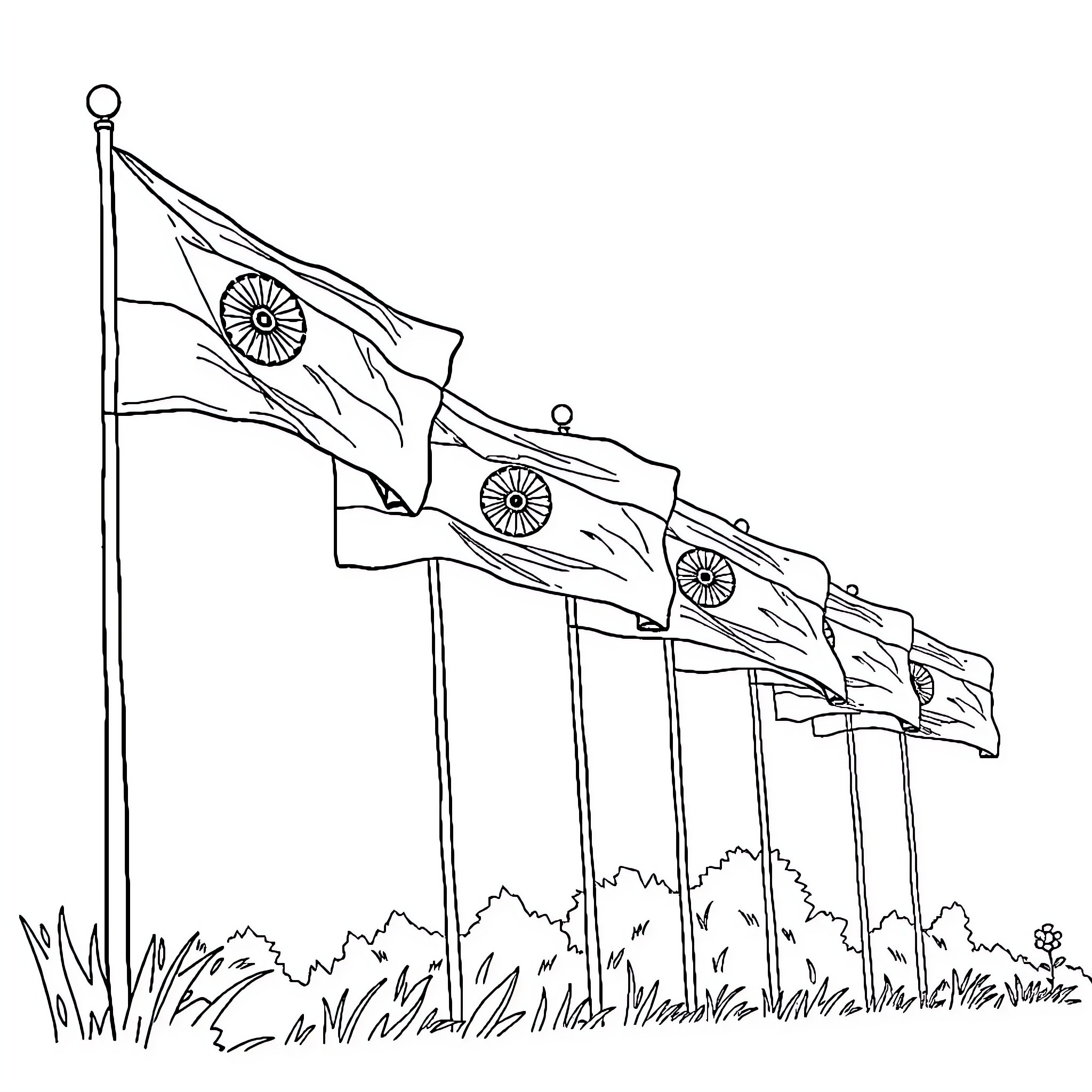 Flag waving proudly on a grassy field Coloring Page (free black-and-white line drawing printable PDF for all, from beginners to advanced learners, including children, teens, adults, and seniors)
