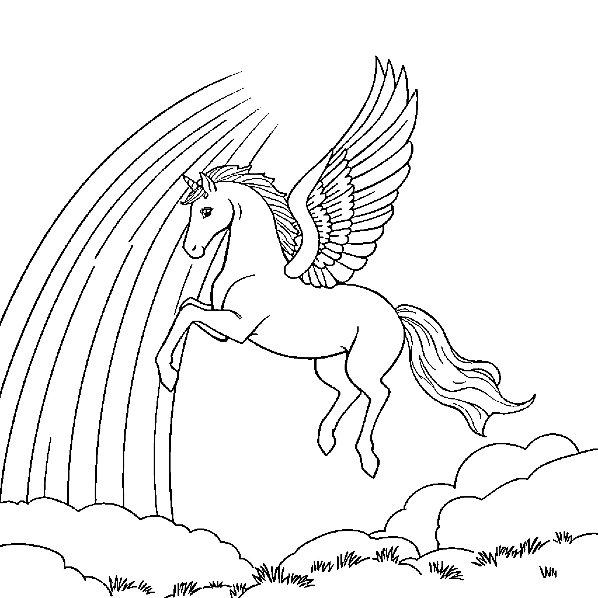 Pegasus soaring through the clouds Coloring Page (free black-and-white line drawing printable PDF for all, from beginners to advanced learners, including children, teens, adults, and seniors)