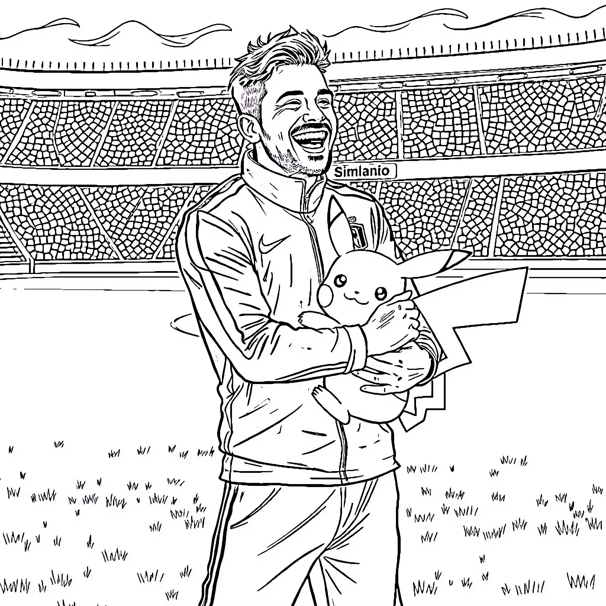 Diego Pablo Simeone celebrating with a stuffed animal on the field Coloring Page (free black-and-white line drawing printable PDF for all, from beginners to advanced learners, including children, teens, adults, and seniors)