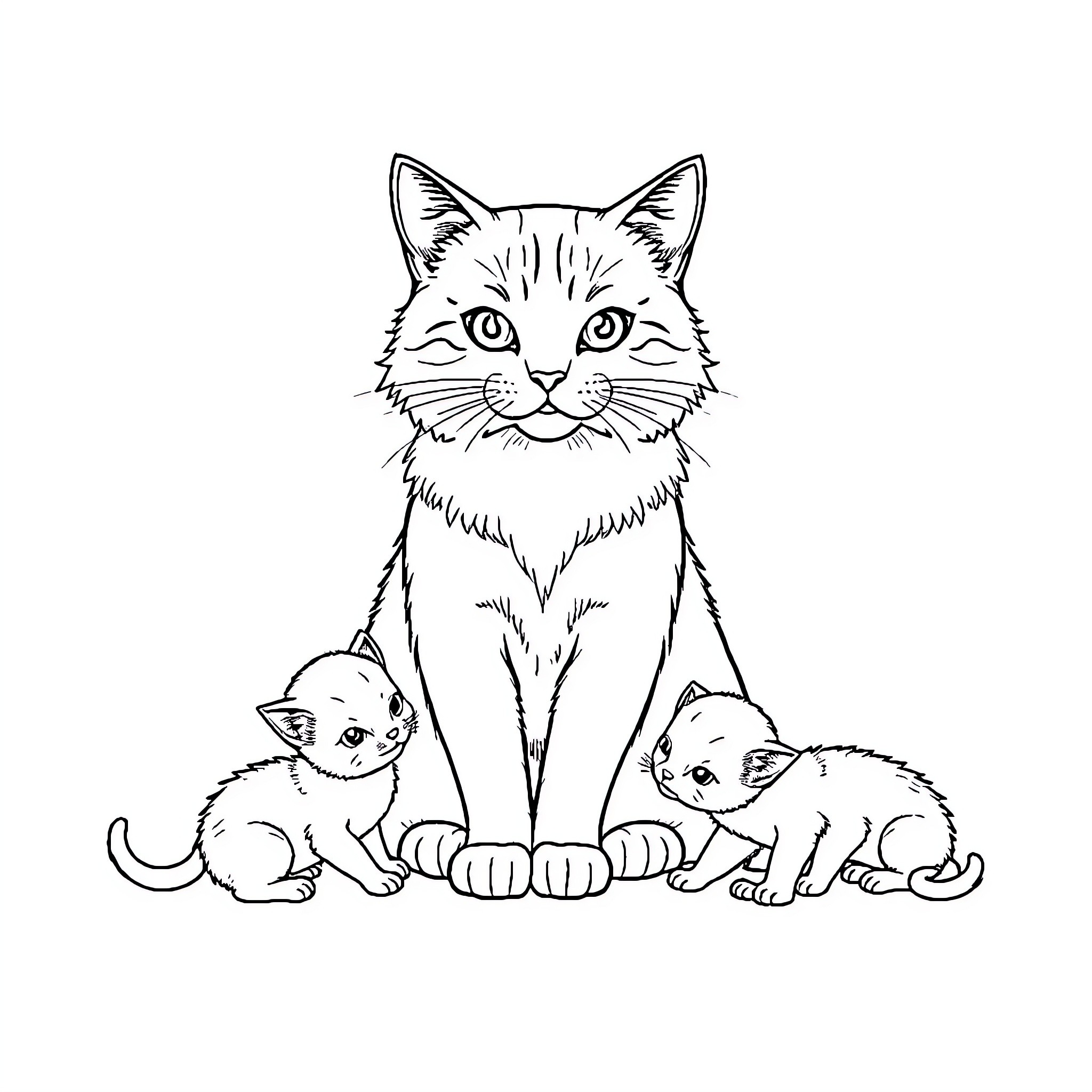 Cat with Playful Kittens Coloring Page (free black-and-white line drawing printable PDF for all, from beginners to advanced learners, including children, teens, adults, and seniors)