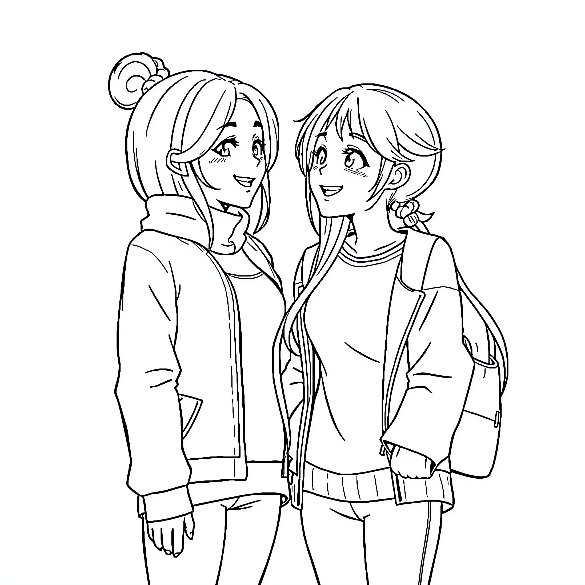 Alya and Yuki sharing a warm moment Coloring Page (free black-and-white line drawing printable PDF for all, from beginners to advanced learners, including children, teens, adults, and seniors)