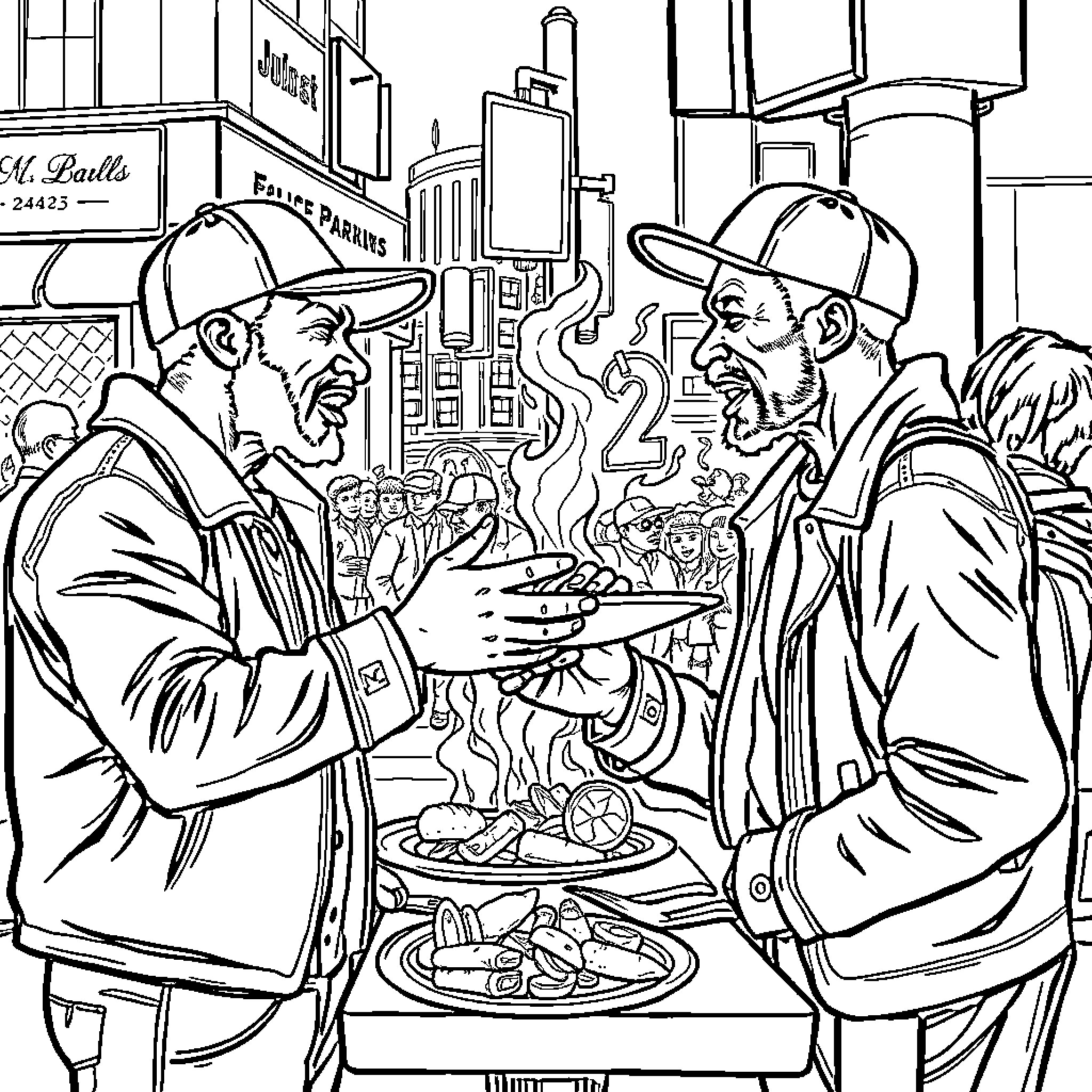 Men Sharing a Meal on City Street Coloring Page (free black-and-white line drawing printable PDF for all, from beginners to advanced learners, including children, teens, adults, and seniors)