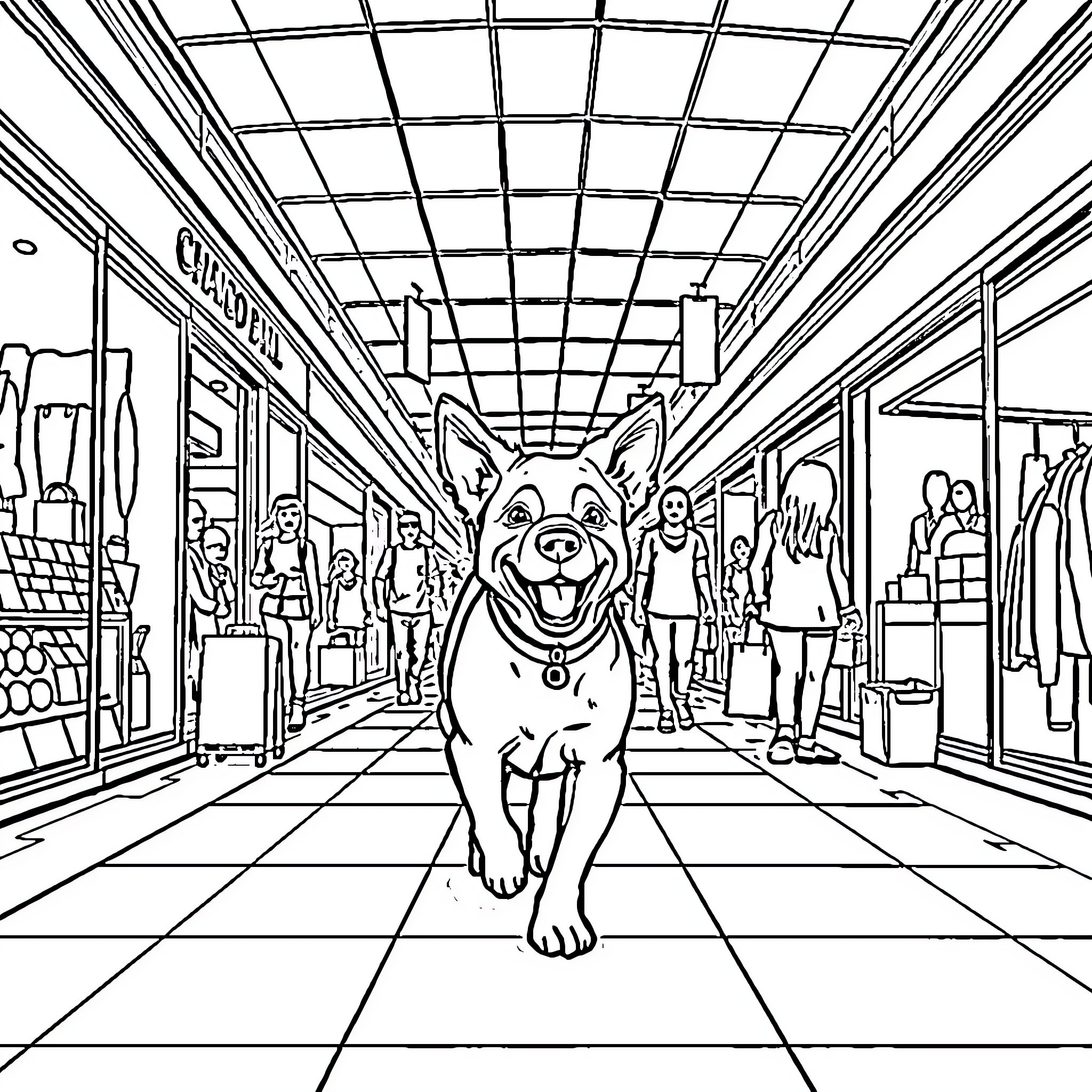 Dog cheerfully roaming through a busy shopping mall Coloring Page (free black-and-white line drawing printable PDF for all, from beginners to advanced learners, including children, teens, adults, and seniors)