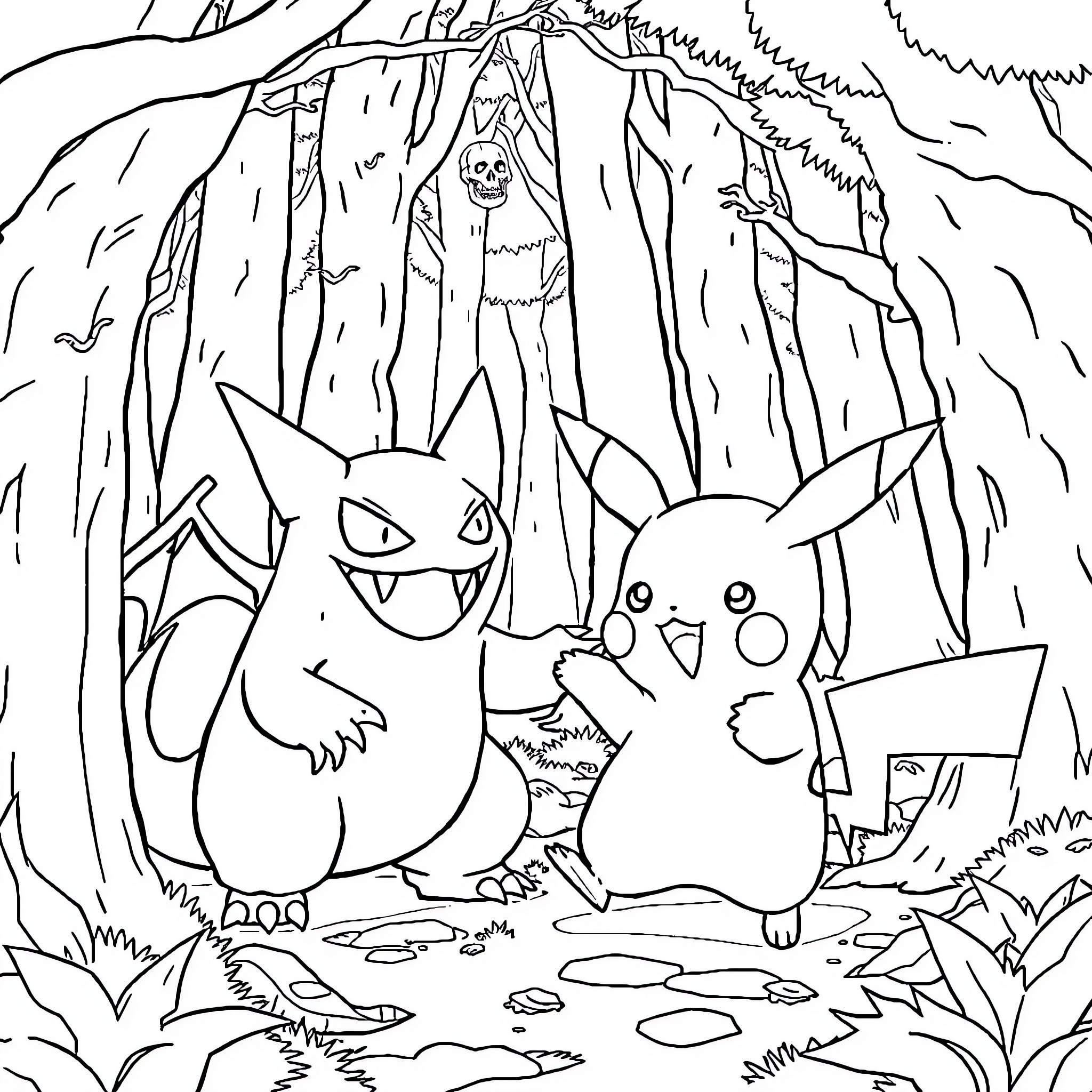 Gengar and Pikachu exploring the mysterious forest Coloring Page (free black-and-white line drawing printable PDF for all, from beginners to advanced learners, including children, teens, adults, and seniors)