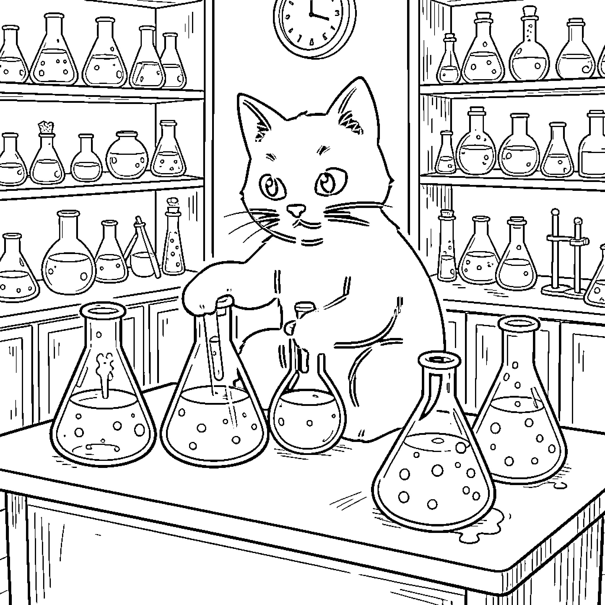 Gato in the Laboratory of Scientific Wonders Coloring Page (free black-and-white line drawing printable PDF for all, from beginners to advanced learners, including children, teens, adults, and seniors)