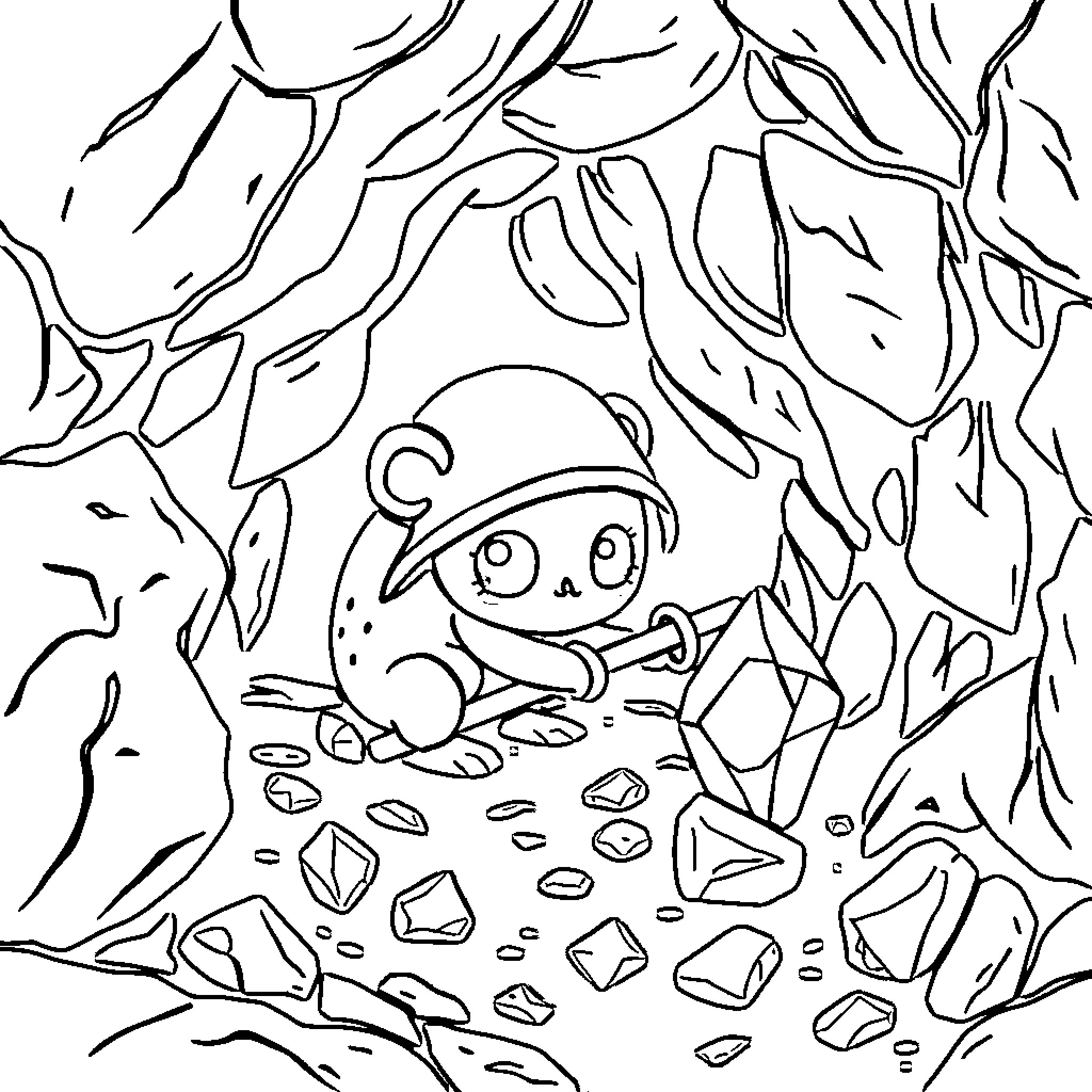 Gem exploring a crystal-filled cave Coloring Page (free black-and-white line drawing printable PDF for all, from beginners to advanced learners, including children, teens, adults, and seniors)