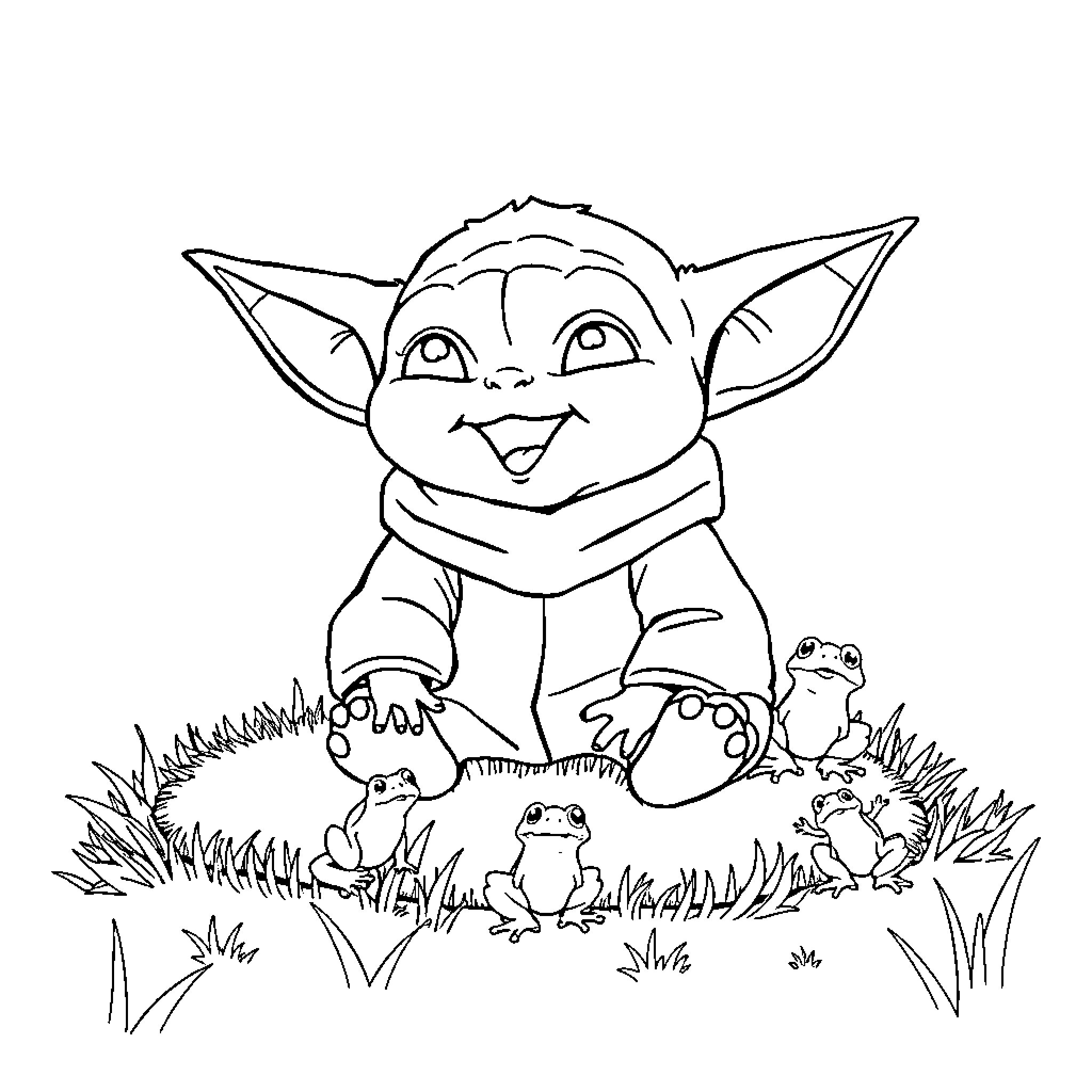 Baby Yoda playing happily with frogs in the grass Coloring Page (free black-and-white line drawing printable PDF for all, from beginners to advanced learners, including children, teens, adults, and seniors)