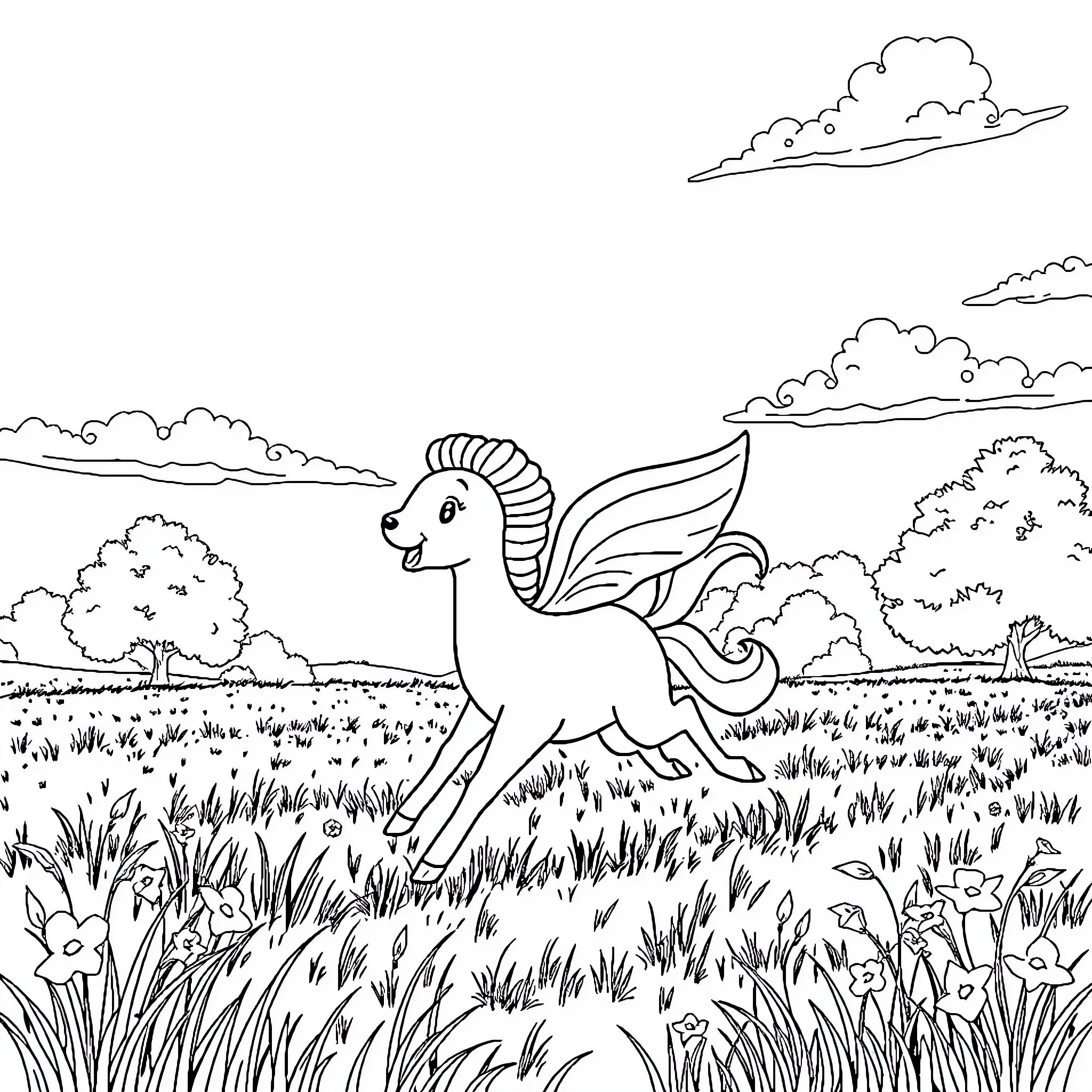Evoli exploring a whimsical grassland landscape Coloring Page (free black-and-white line drawing printable PDF for all, from beginners to advanced learners, including children, teens, adults, and seniors)