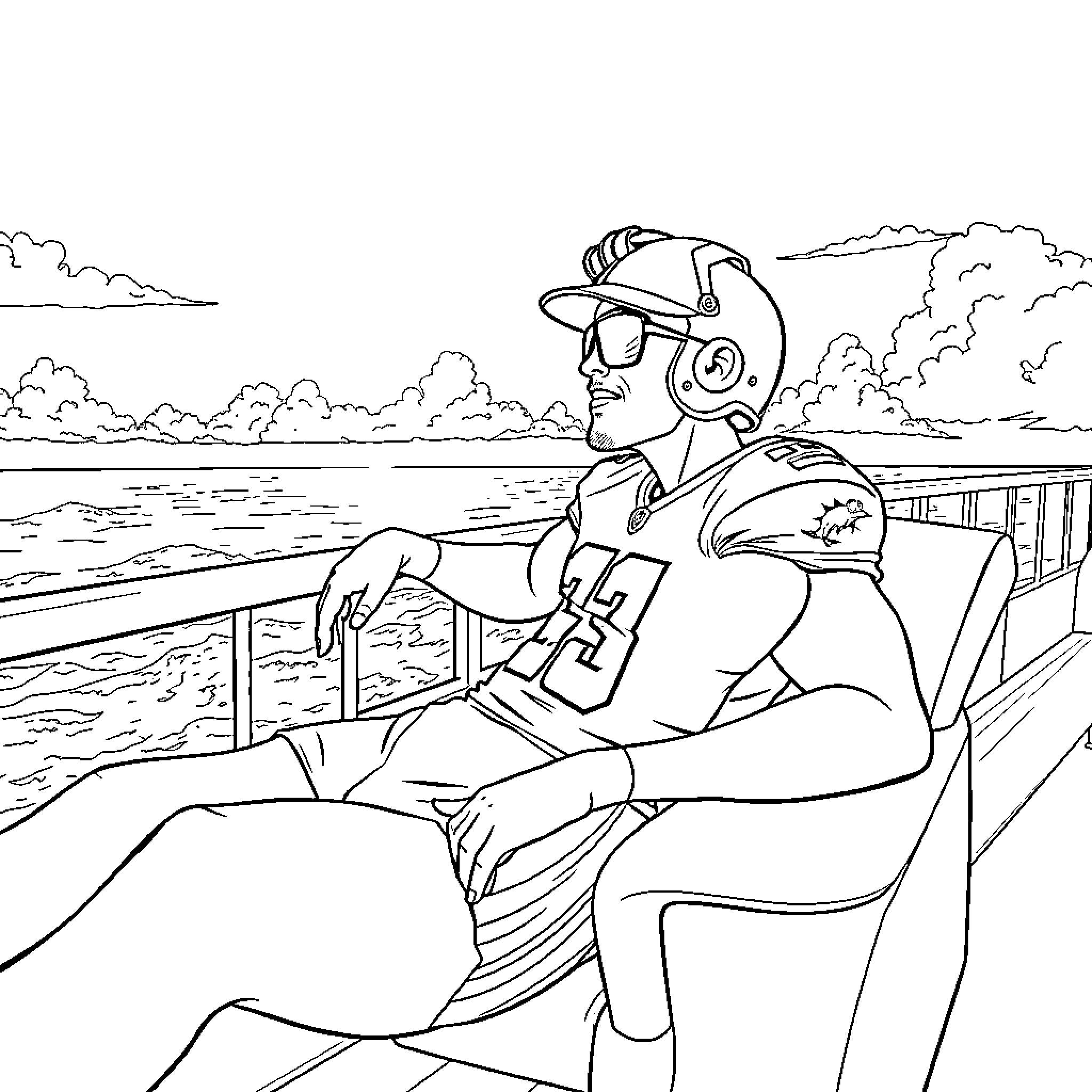Dolphin rider enjoying scenic ocean view Coloring Page (free black-and-white line drawing printable PDF for all, from beginners to advanced learners, including children, teens, adults, and seniors)