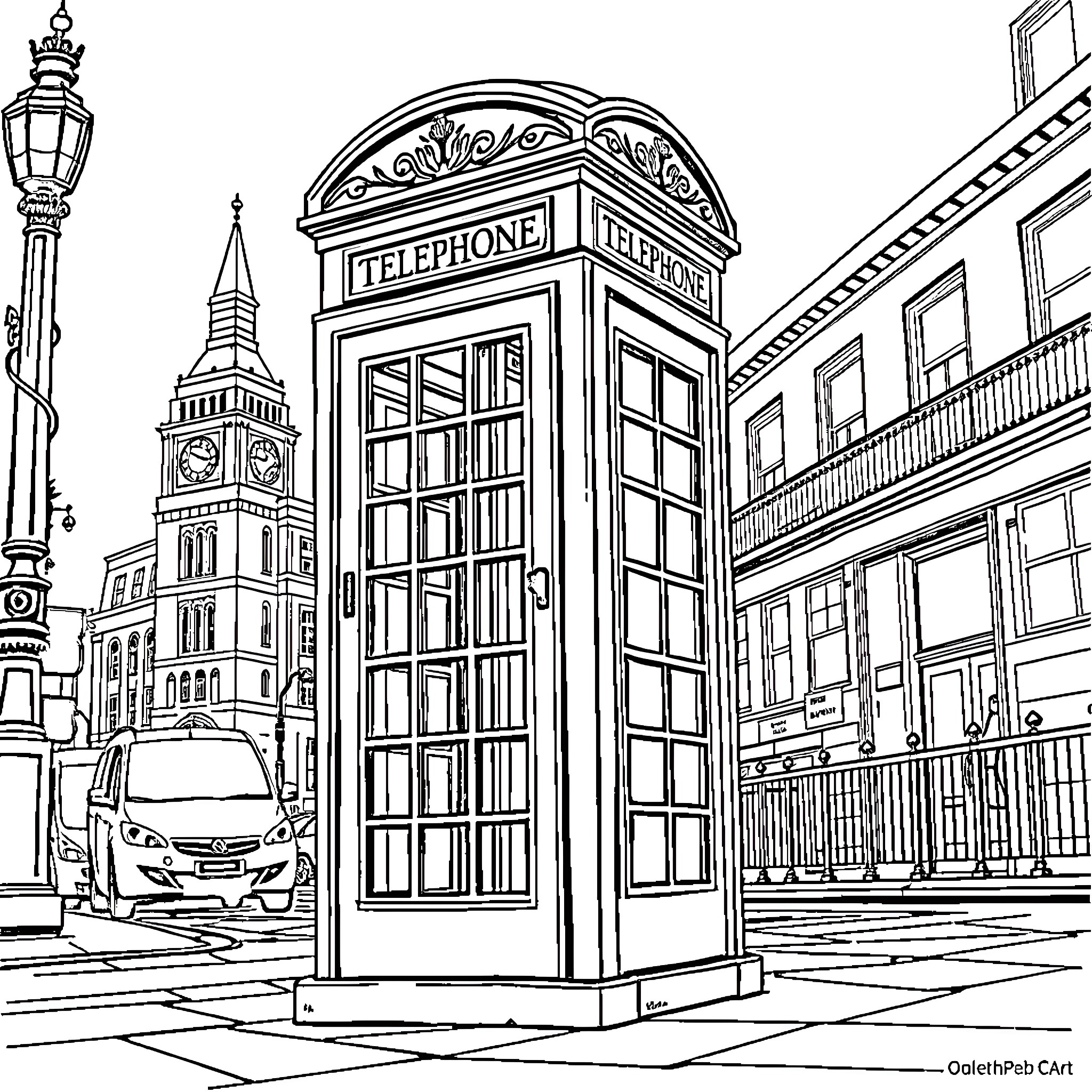 Telephone Box in a Historic City Street Coloring Page (free black-and-white line drawing printable PDF for all, from beginners to advanced learners, including children, teens, adults, and seniors)