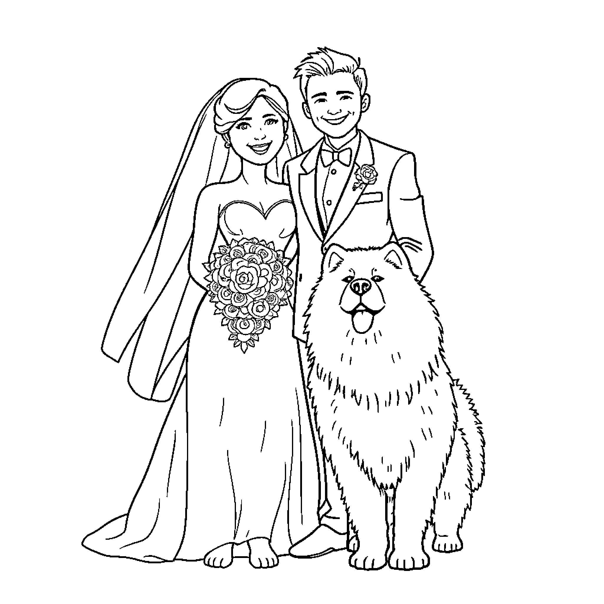 Bride and Groom Celebrating Wedding Day with Loyal Companion Coloring Page (free black-and-white line drawing printable PDF for all, from beginners to advanced learners, including children, teens, adults, and seniors)
