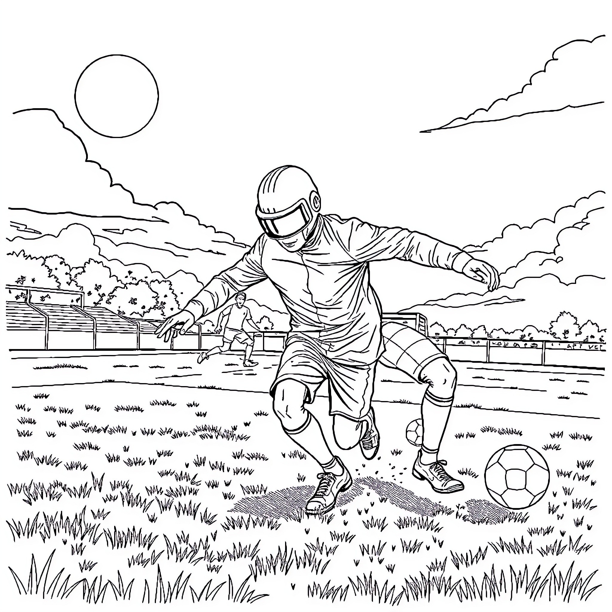Daft Punk footballer kicking ball in grassy field Coloring Page (free black-and-white line drawing printable PDF for all, from beginners to advanced learners, including children, teens, adults, and seniors)