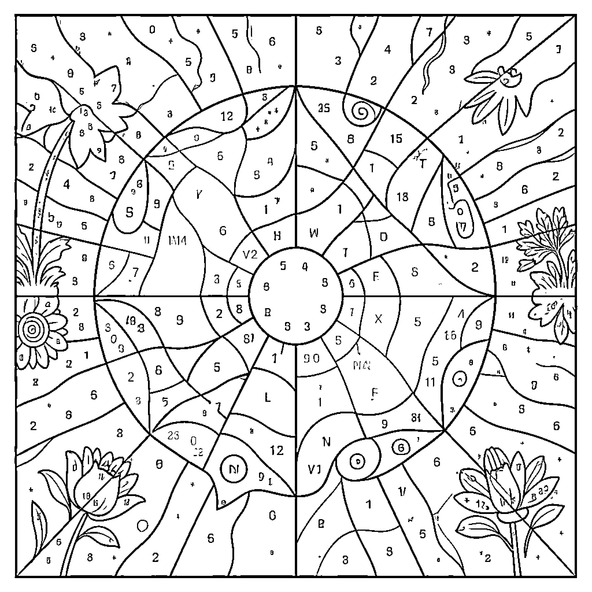 Paint by Numbers Abstract Floral Scene Coloring Page (free black-and-white line drawing printable PDF for all, from beginners to advanced learners, including children, teens, adults, and seniors)