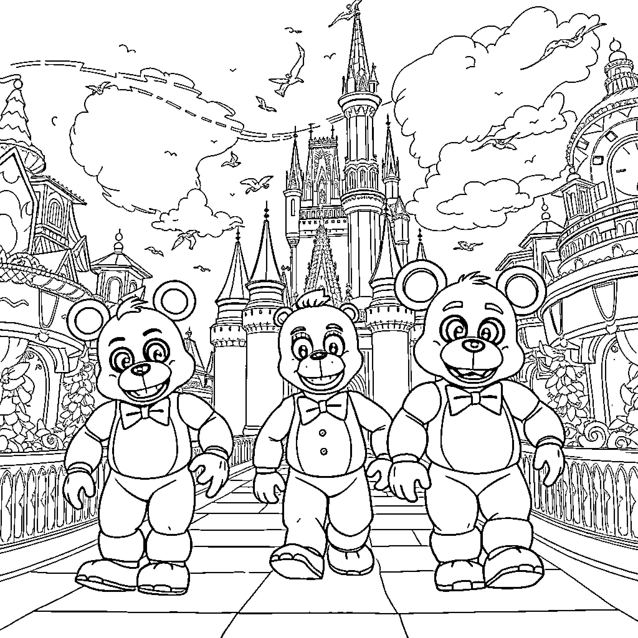 Freddy's Magical Adventure at the Fantasy Castle Coloring Page (free black-and-white line drawing printable PDF for all, from beginners to advanced learners, including children, teens, adults, and seniors)