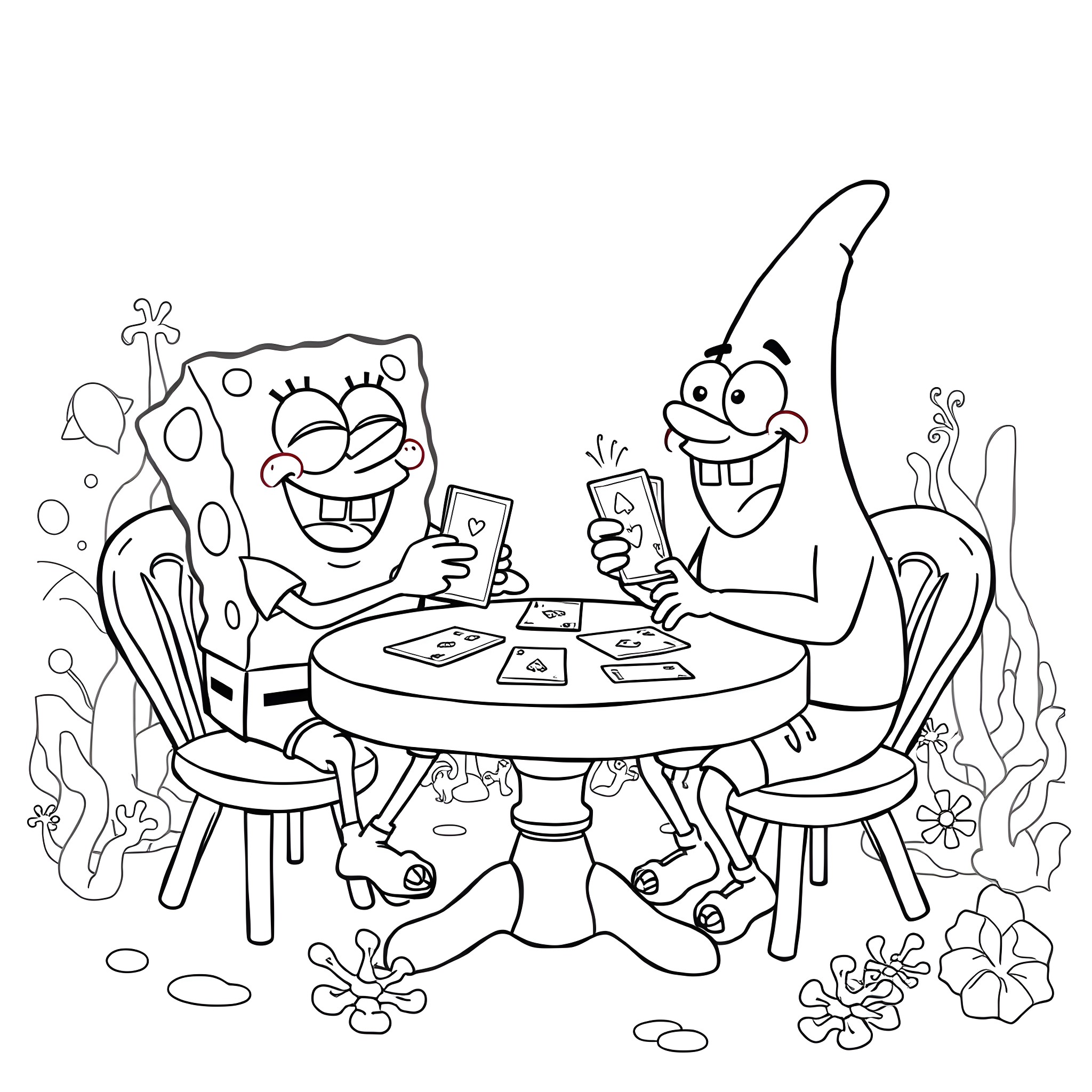 Spongebob and Patrick having a fun game night Coloring Page (free black-and-white line drawing printable PDF for all, from beginners to advanced learners, including children, teens, adults, and seniors)