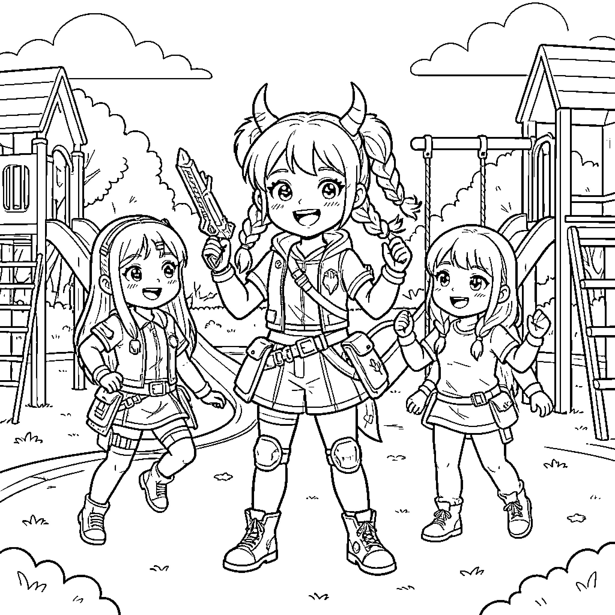 Girl adventurers exploring the outdoors Coloring Page (free black-and-white line drawing printable PDF for all, from beginners to advanced learners, including children, teens, adults, and seniors)