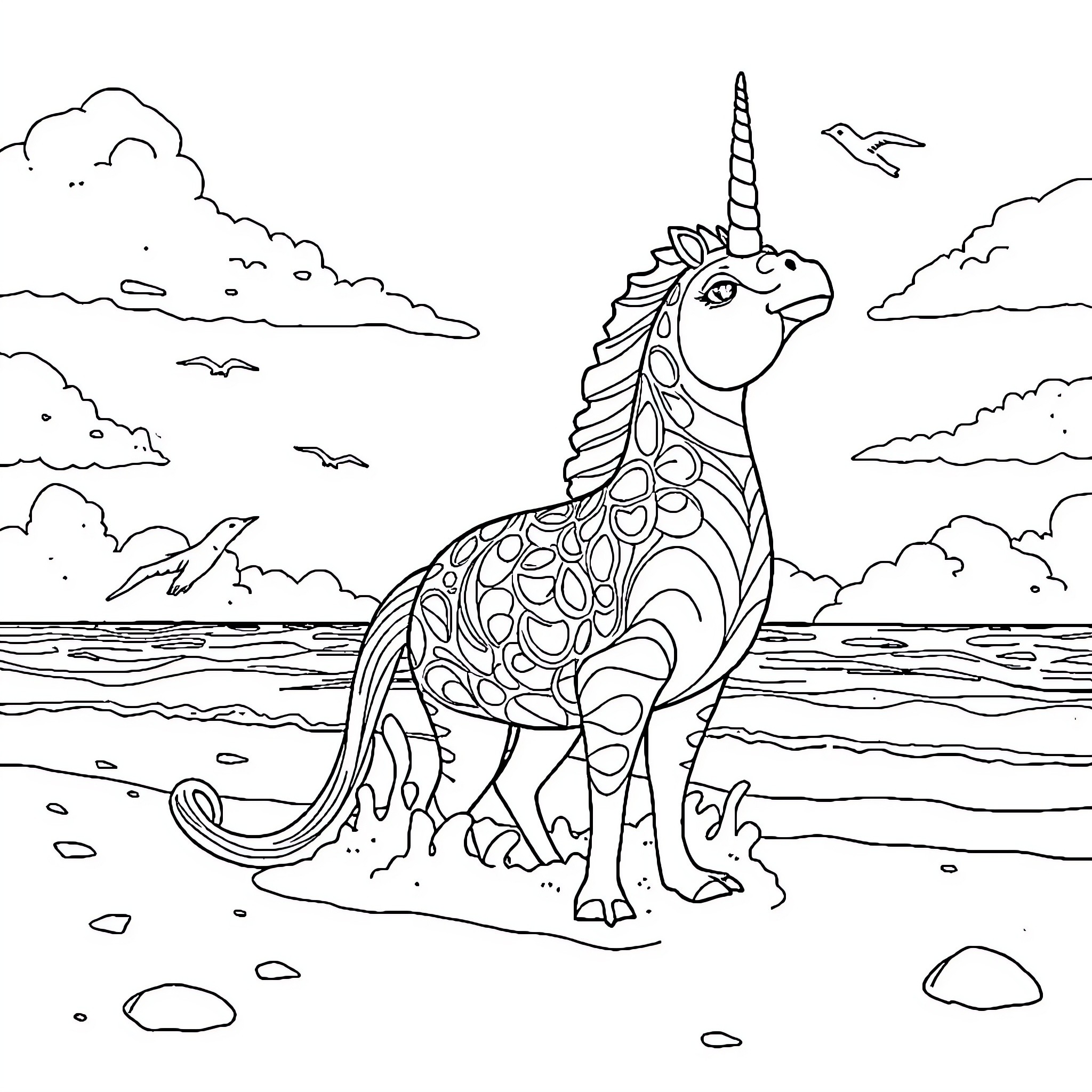 Unicorn standing by the sea with birds Coloring Page (free black-and-white line drawing printable PDF for all, from beginners to advanced learners, including children, teens, adults, and seniors)