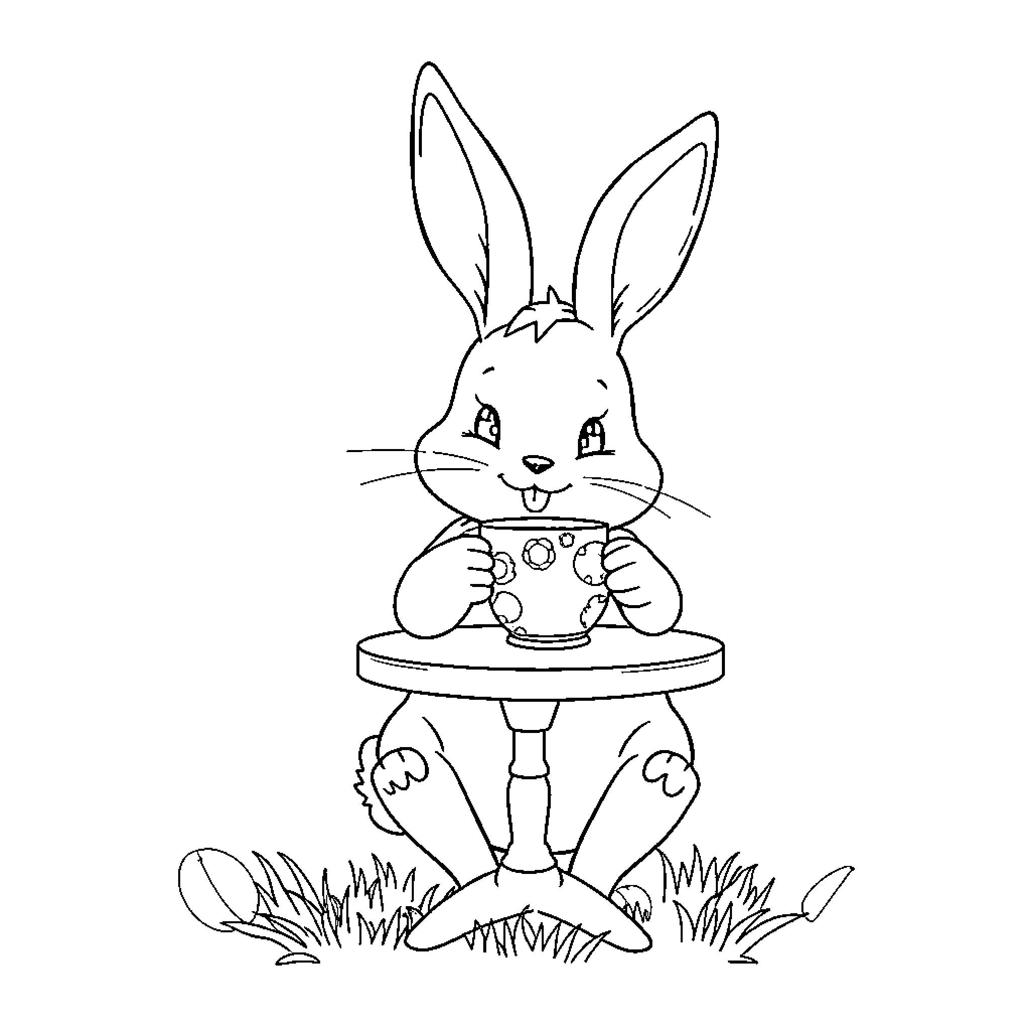 Bunny enjoying a cozy cup of tea Coloring Page (free black-and-white line drawing printable PDF for all, from beginners to advanced learners, including children, teens, adults, and seniors)