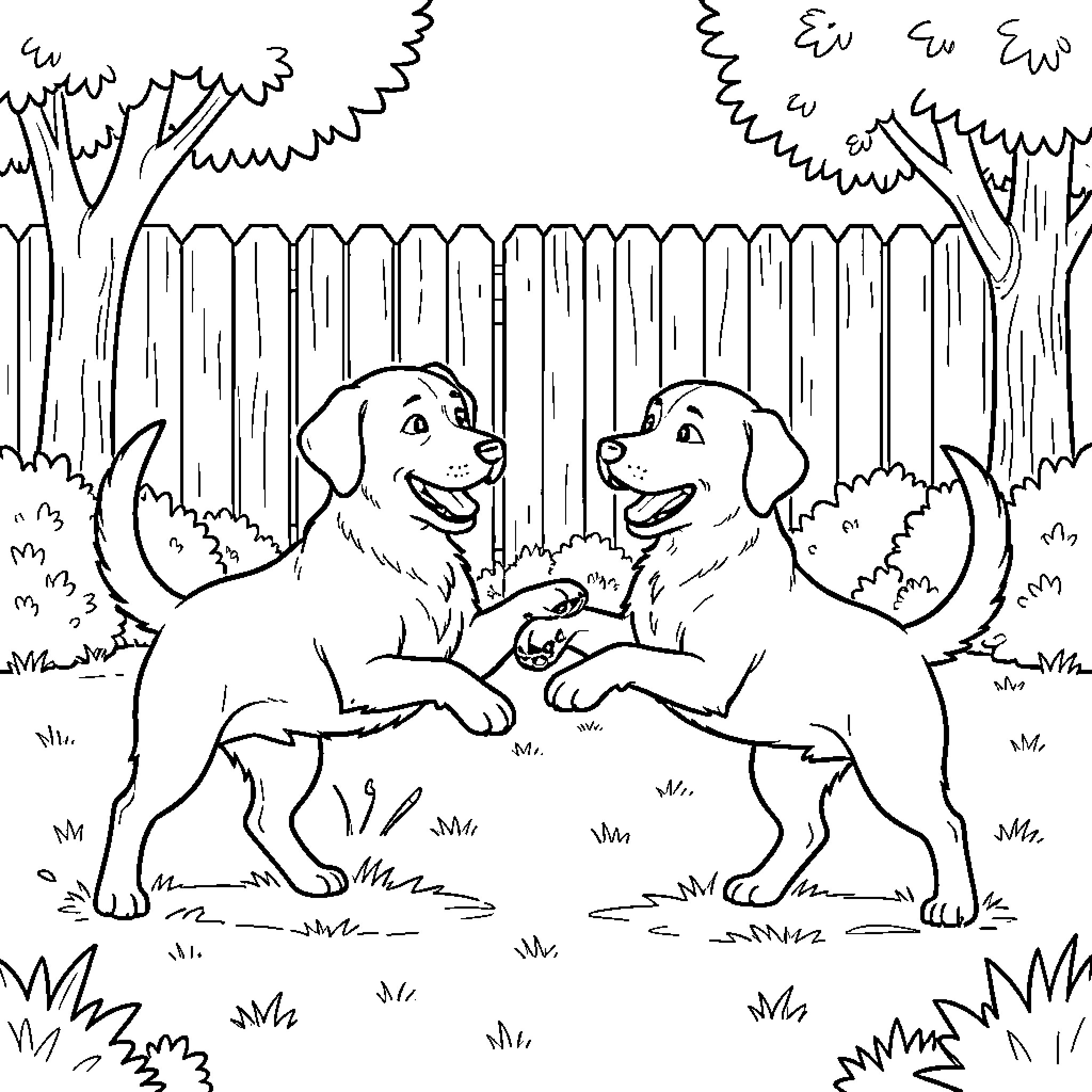 Lab Dog puppies playing together in a backyard Coloring Page (free black-and-white line drawing printable PDF for all, from beginners to advanced learners, including children, teens, adults, and seniors)
