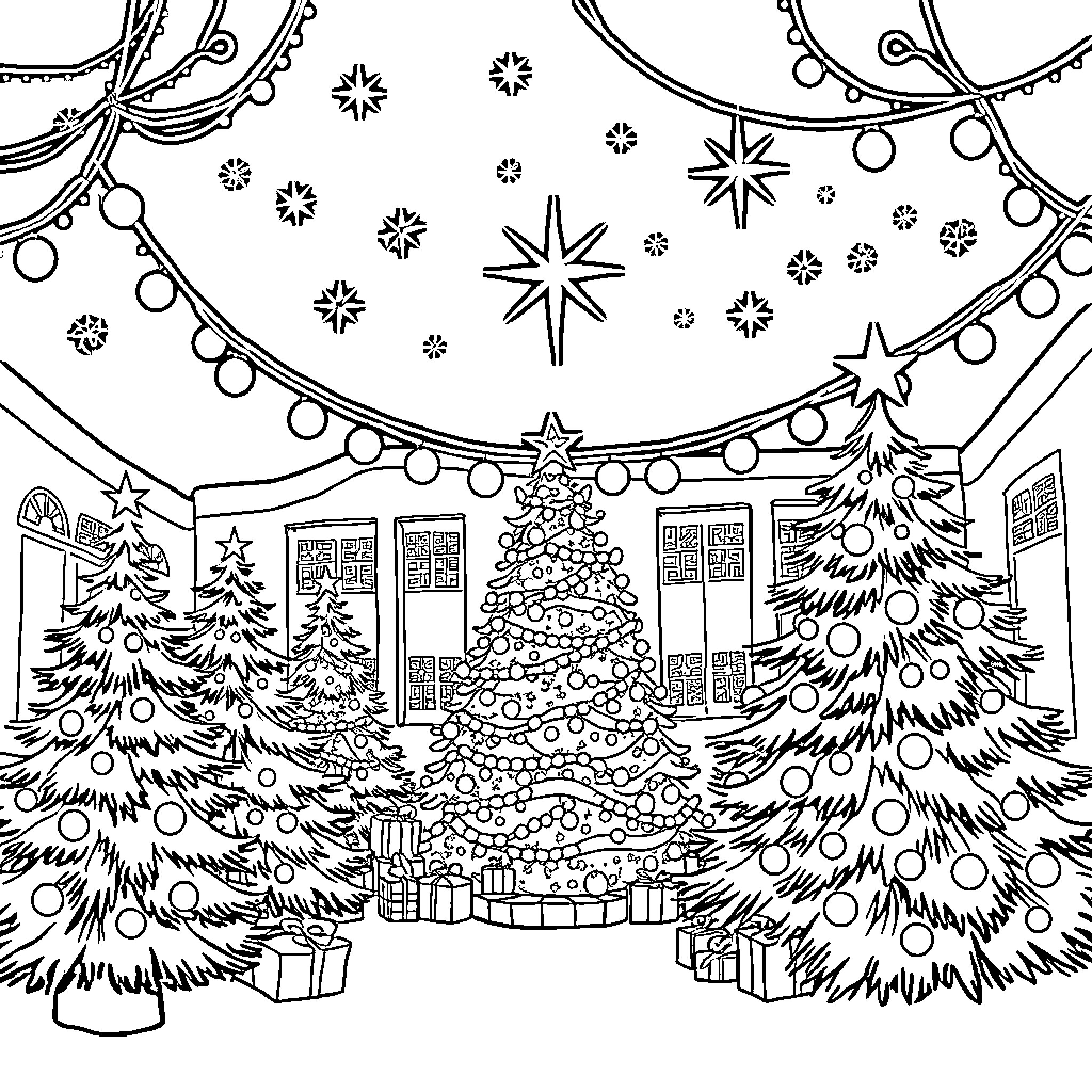 Christmas Celebration with Decorated Trees and Lights Coloring Page (free black-and-white line drawing printable PDF for all, from beginners to advanced learners, including children, teens, adults, and seniors)