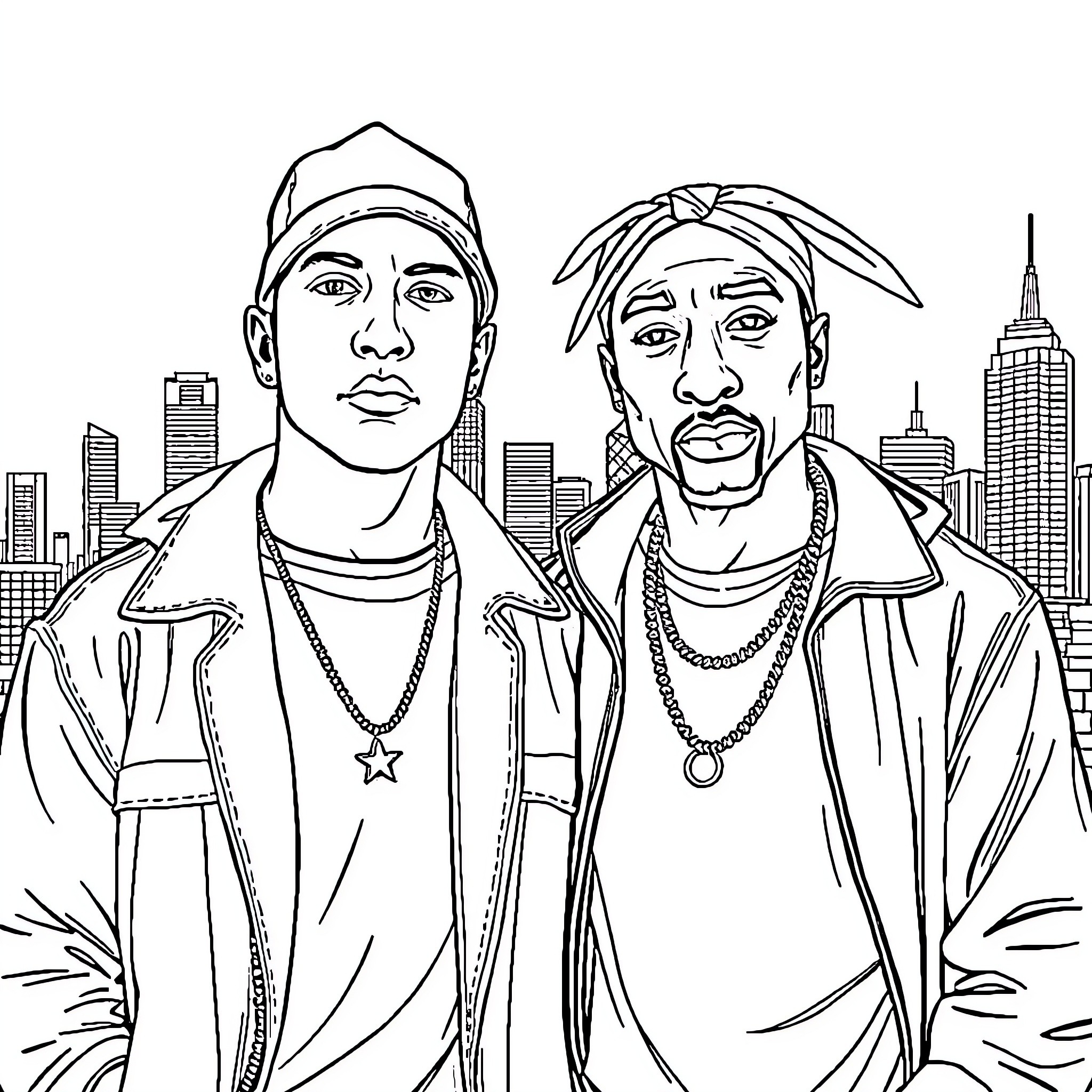 Eminem and Tupac Portraits in the City Coloring Page (free black-and-white line drawing printable PDF for all, from beginners to advanced learners, including children, teens, adults, and seniors)
