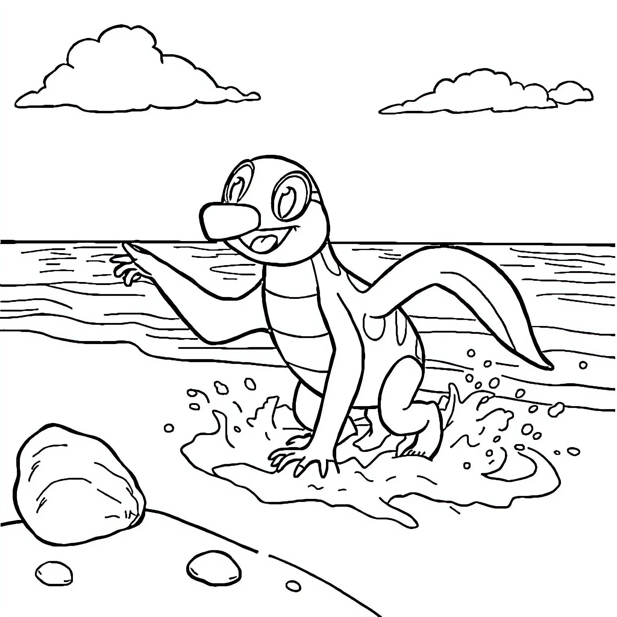 Paw Patrol character exploring the beach Coloring Page (free black-and-white line drawing printable PDF for all, from beginners to advanced learners, including children, teens, adults, and seniors)