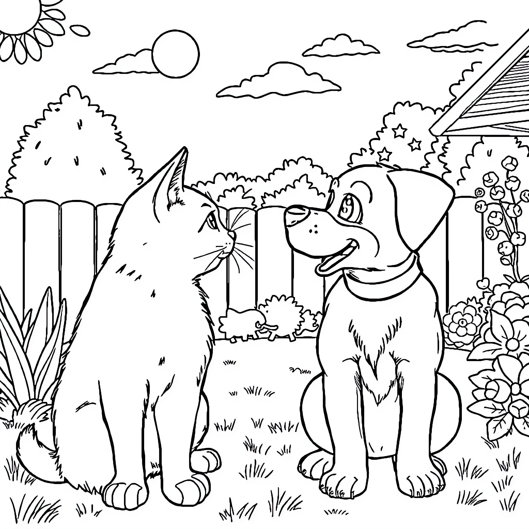 Cat and Dog Playing in the Garden Coloring Page (free black-and-white line drawing printable PDF for all, from beginners to advanced learners, including children, teens, adults, and seniors)