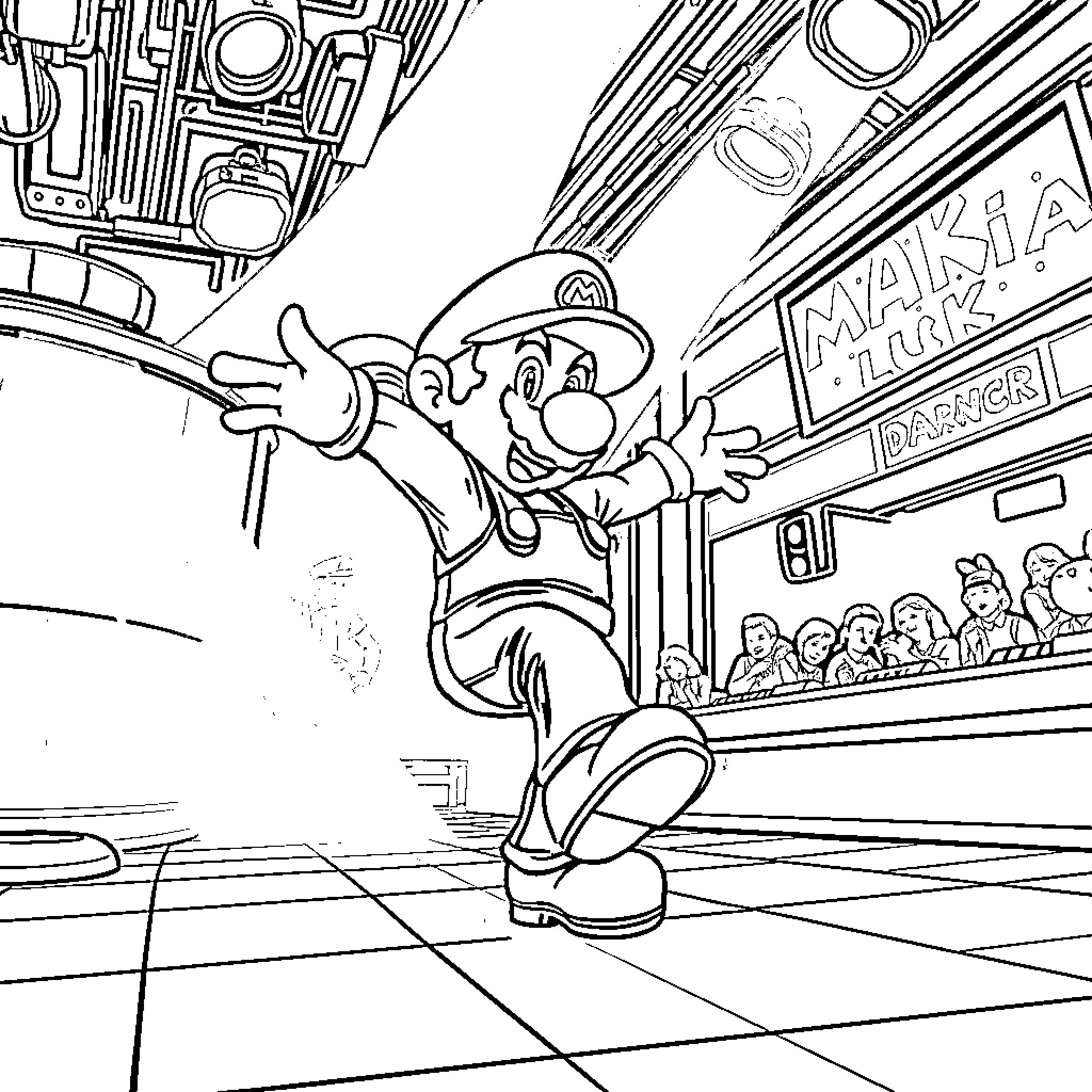 Mario Jumping Excitedly at the Arcade Coloring Page (free black-and-white line drawing printable PDF for all, from beginners to advanced learners, including children, teens, adults, and seniors)