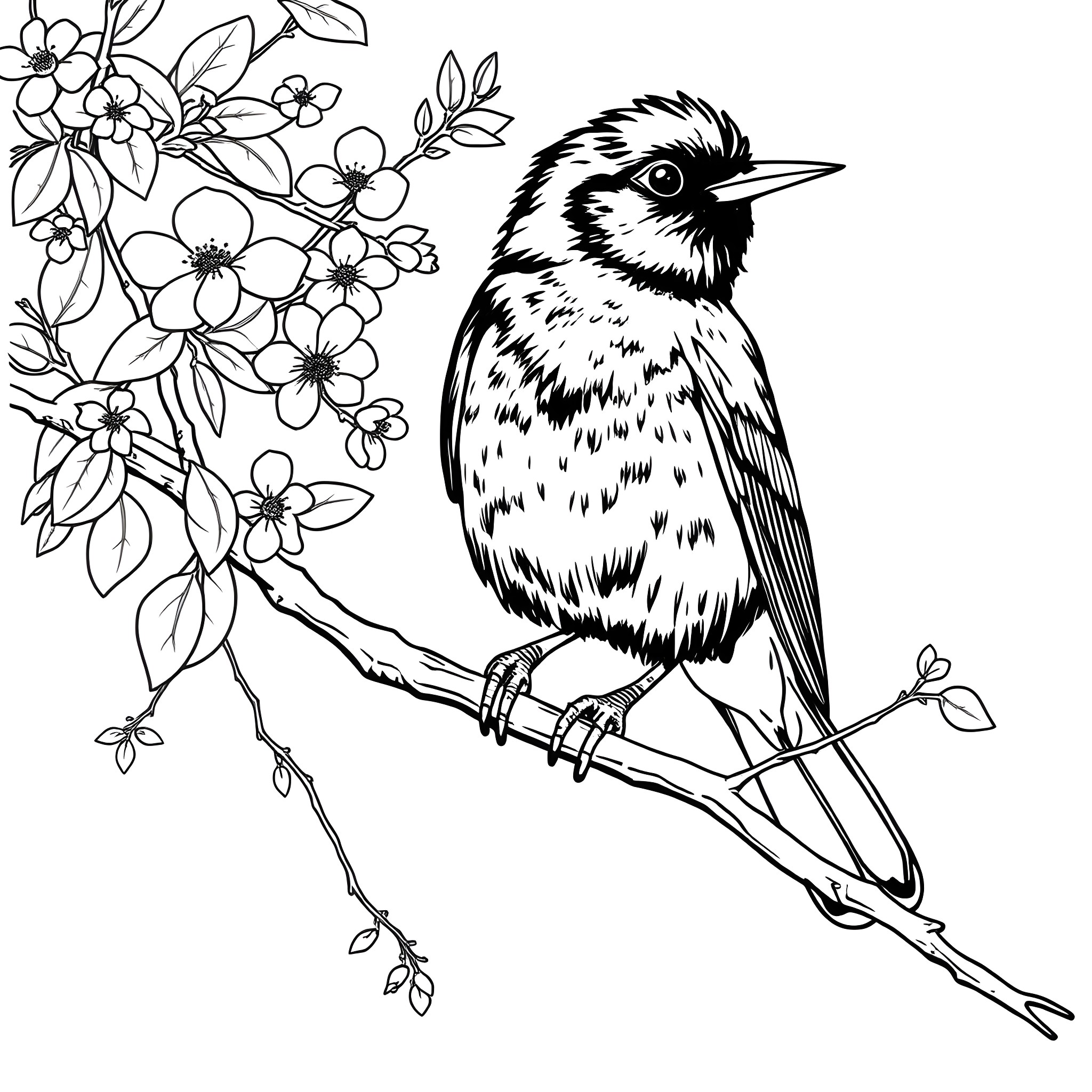 Passerina bird perched on floral branch Coloring Page (free black-and-white line drawing printable PDF for all, from beginners to advanced learners, including children, teens, adults, and seniors)
