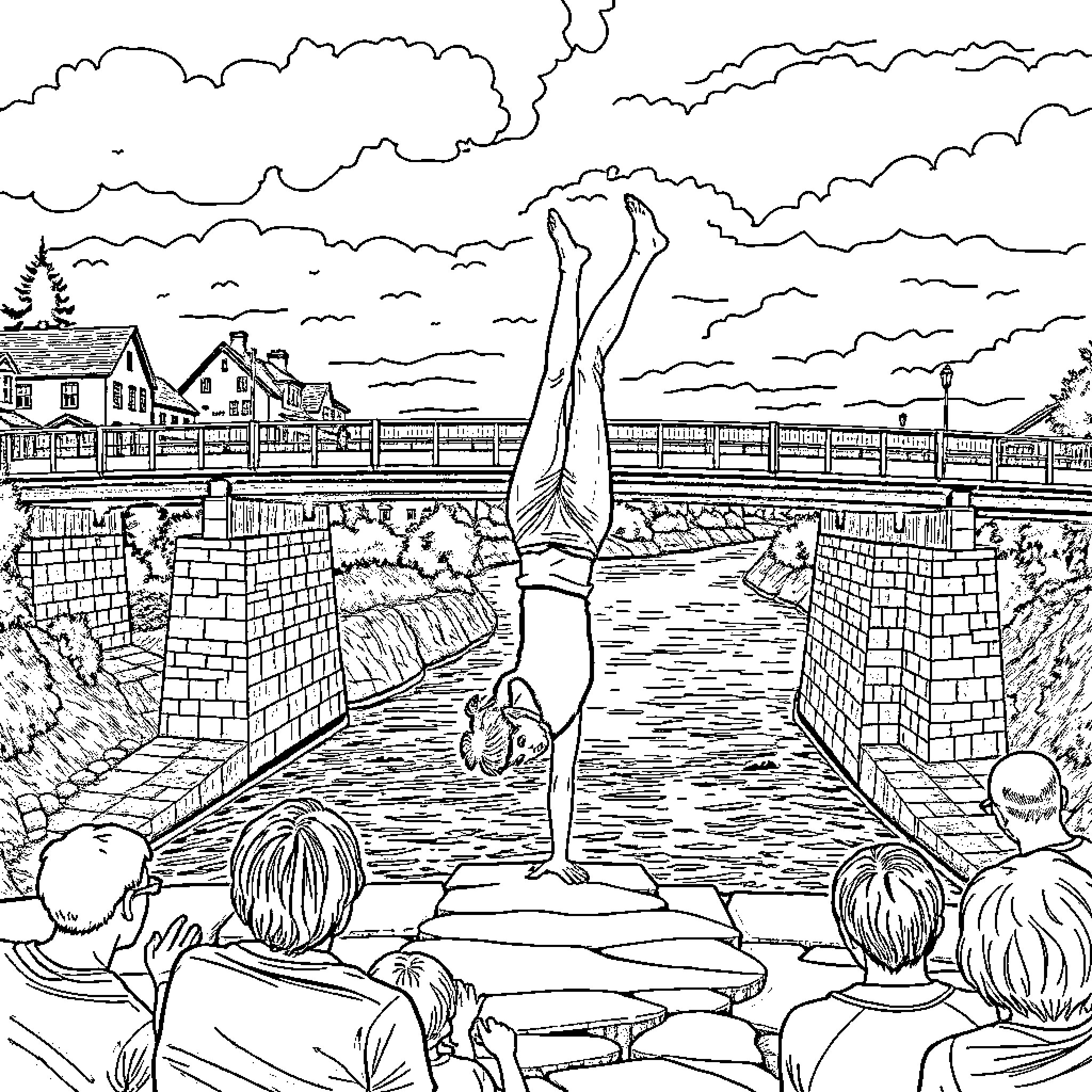 Christy Moore performing acrobatic stunt for cheering onlookers Coloring Page (free black-and-white line drawing printable PDF for all, from beginners to advanced learners, including children, teens, adults, and seniors)