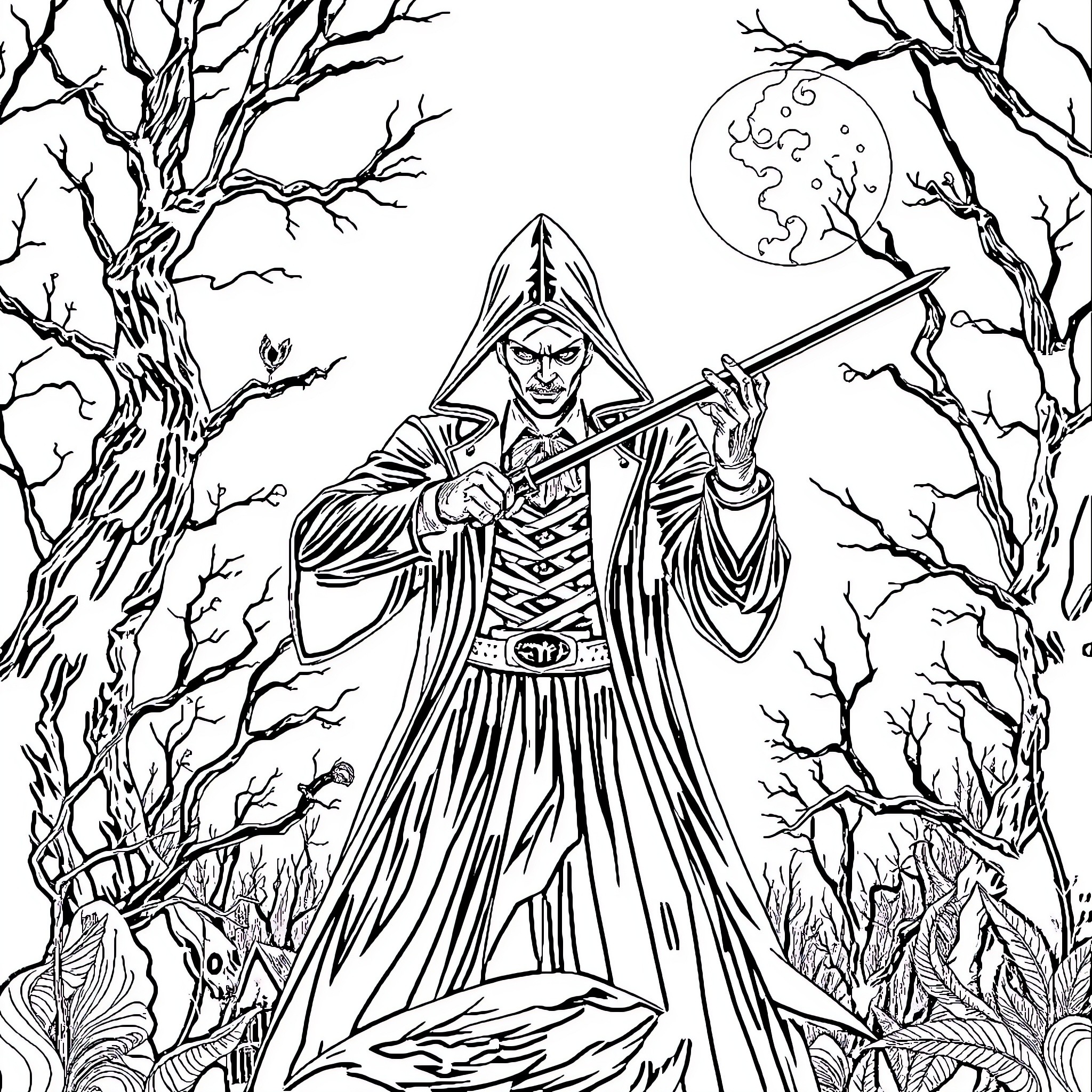 Vampire Hunter Stalking Through Ominous Woodland Coloring Page (free black-and-white line drawing printable PDF for all, from beginners to advanced learners, including children, teens, adults, and seniors)