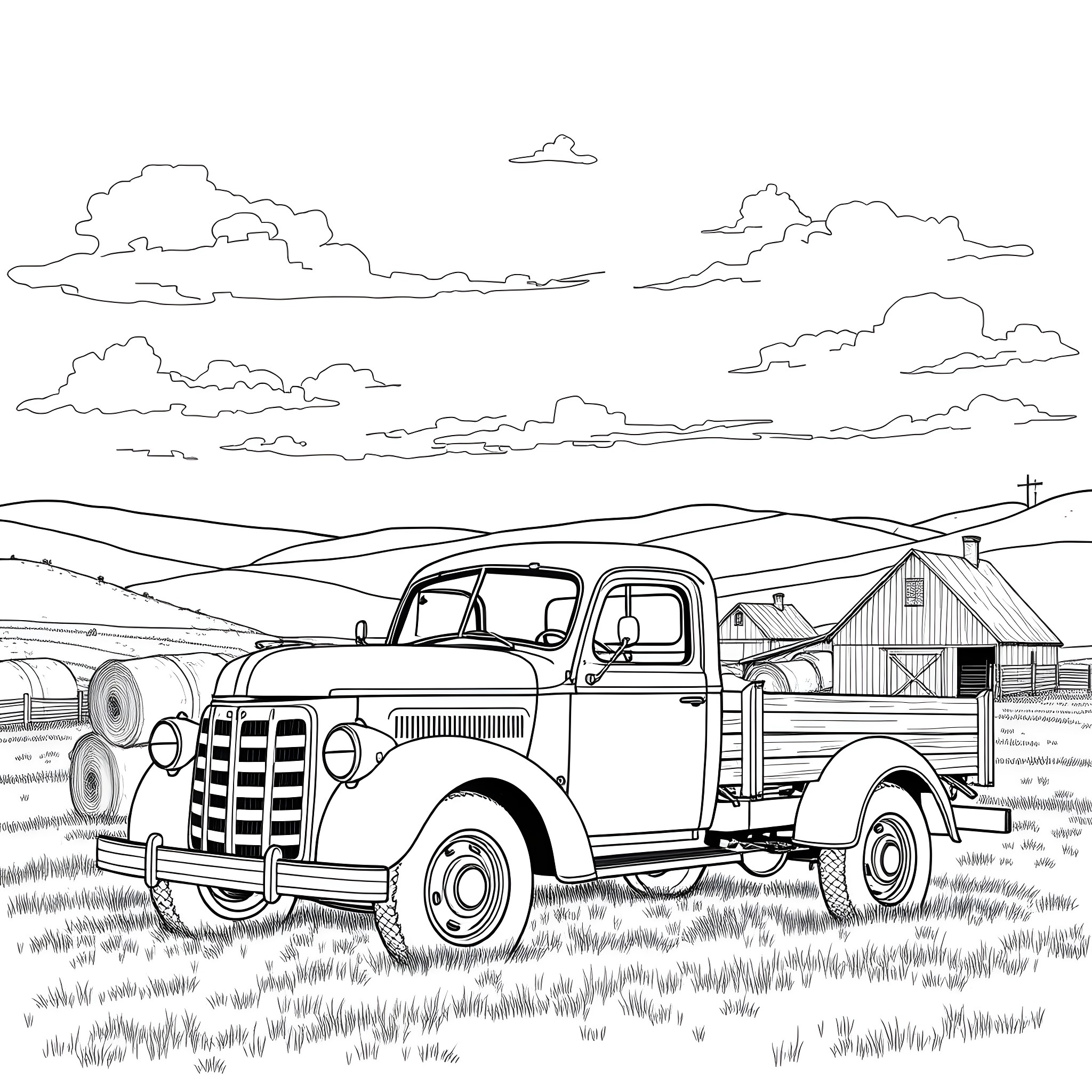 Flatbed vintage truck in rural landscape Coloring Page (free black-and-white line drawing printable PDF for all, from beginners to advanced learners, including children, teens, adults, and seniors)