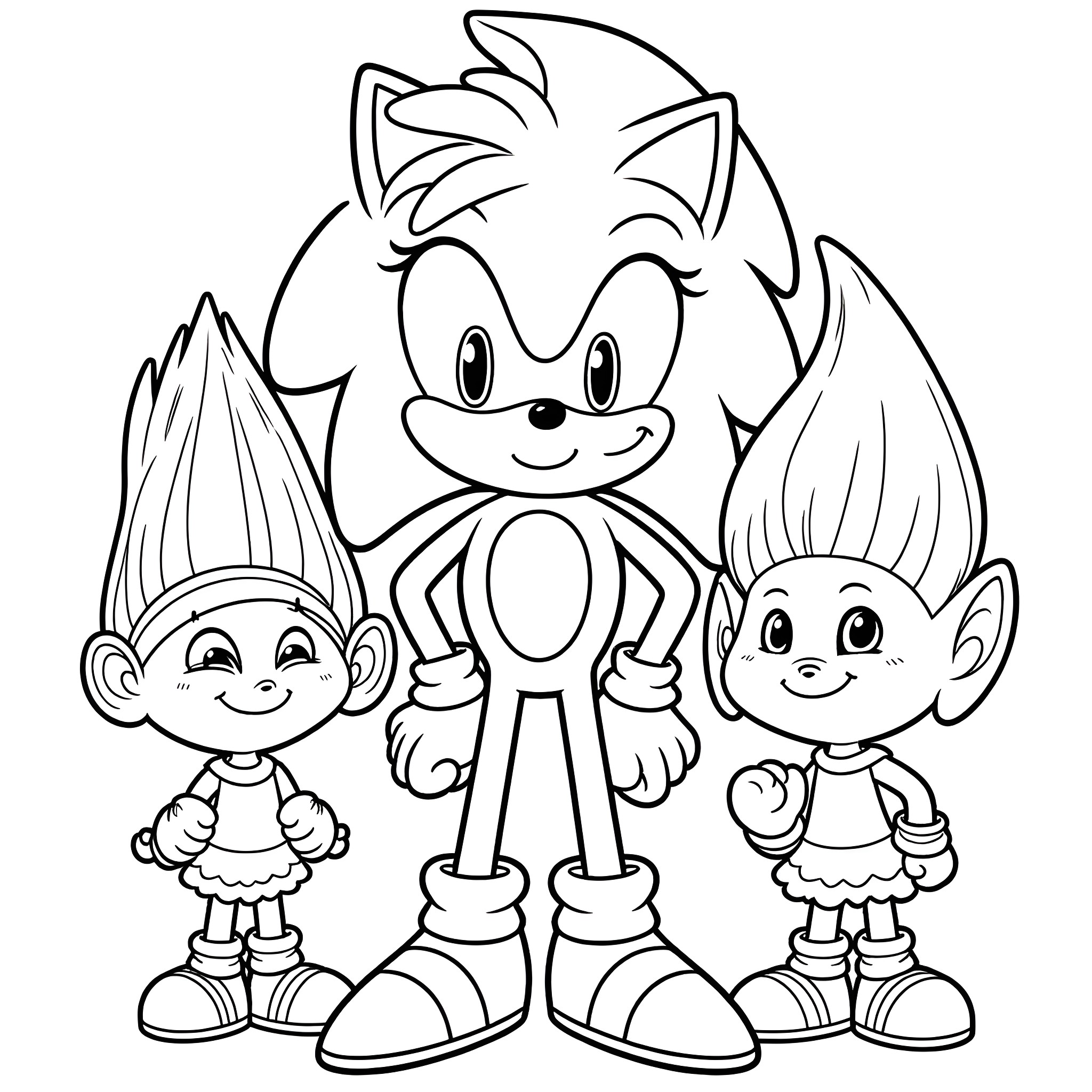 Sonic and Troll Dolls in Playful Poses Coloring Page (free black-and-white line drawing printable PDF for all, from beginners to advanced learners, including children, teens, adults, and seniors)