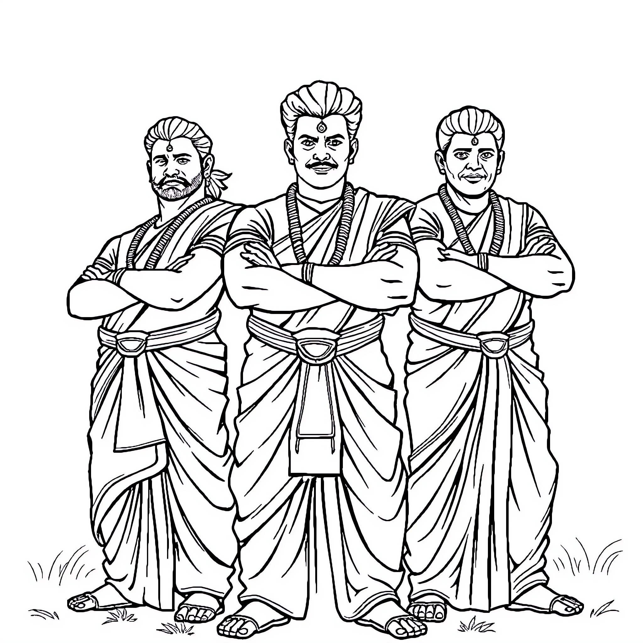 Hero trio in traditional warrior garb Coloring Page (free black-and-white line drawing printable PDF for all, from beginners to advanced learners, including children, teens, adults, and seniors)