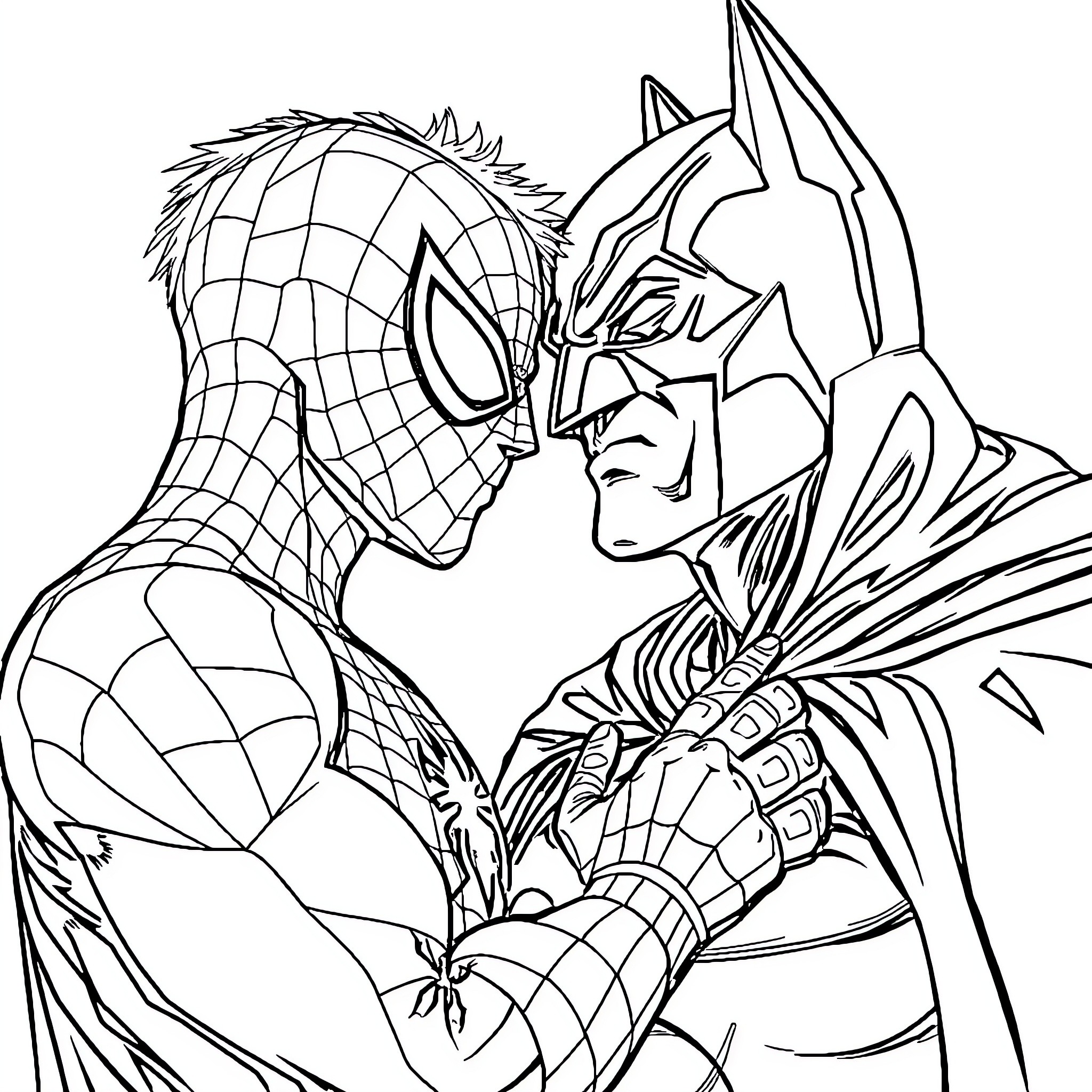 Spiderman and Batman in intense confrontation Coloring Page (free black-and-white line drawing printable PDF for all, from beginners to advanced learners, including children, teens, adults, and seniors)