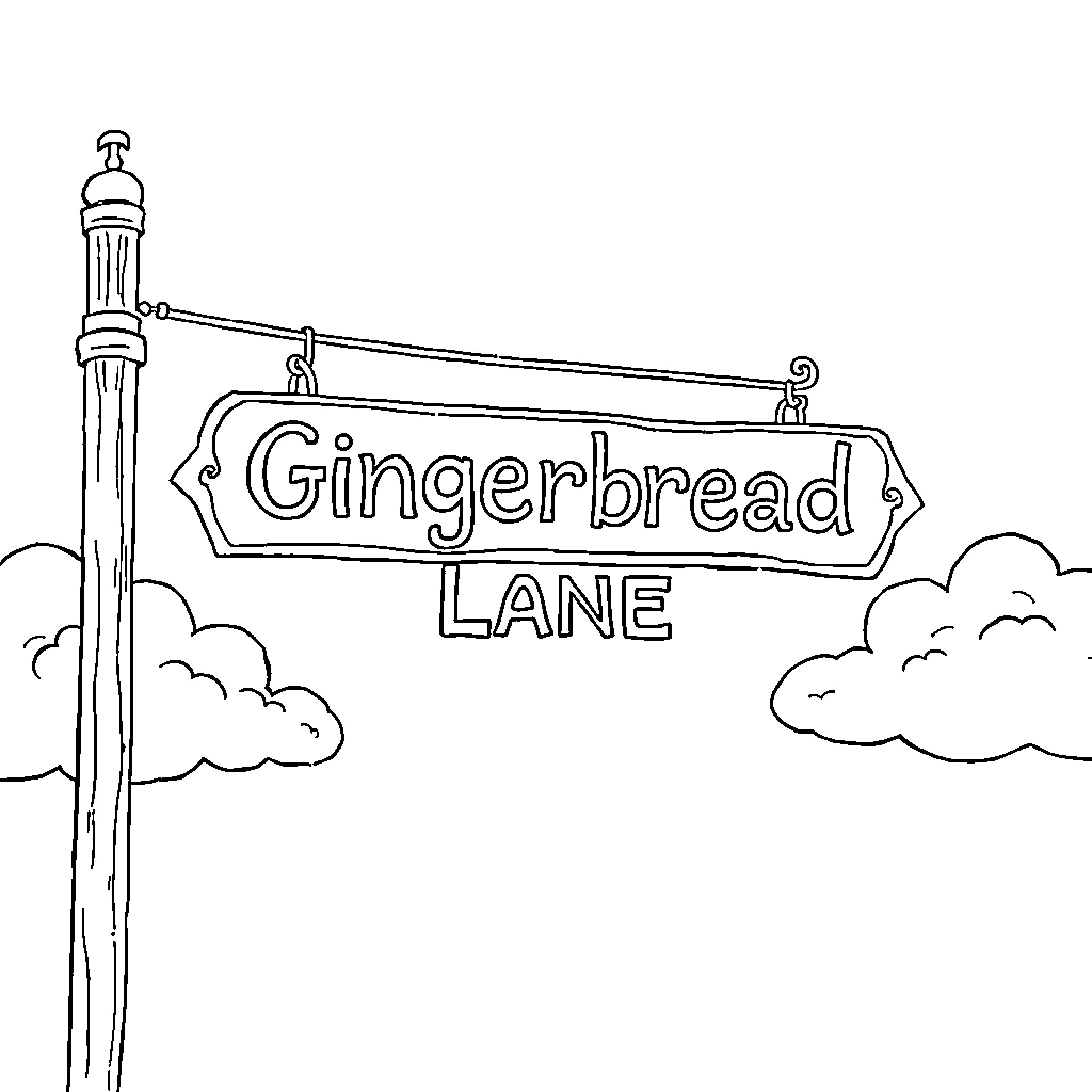 Gingerbread Lane street sign in a winter landscape Coloring Page (free black-and-white line drawing printable PDF for all, from beginners to advanced learners, including children, teens, adults, and seniors)