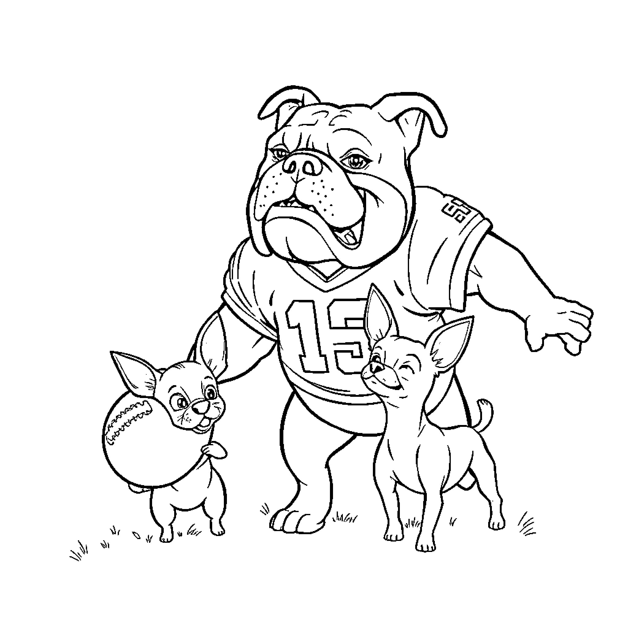 Bulldog and Chihuahua playing together Coloring Page (free black-and-white line drawing printable PDF for all, from beginners to advanced learners, including children, teens, adults, and seniors)