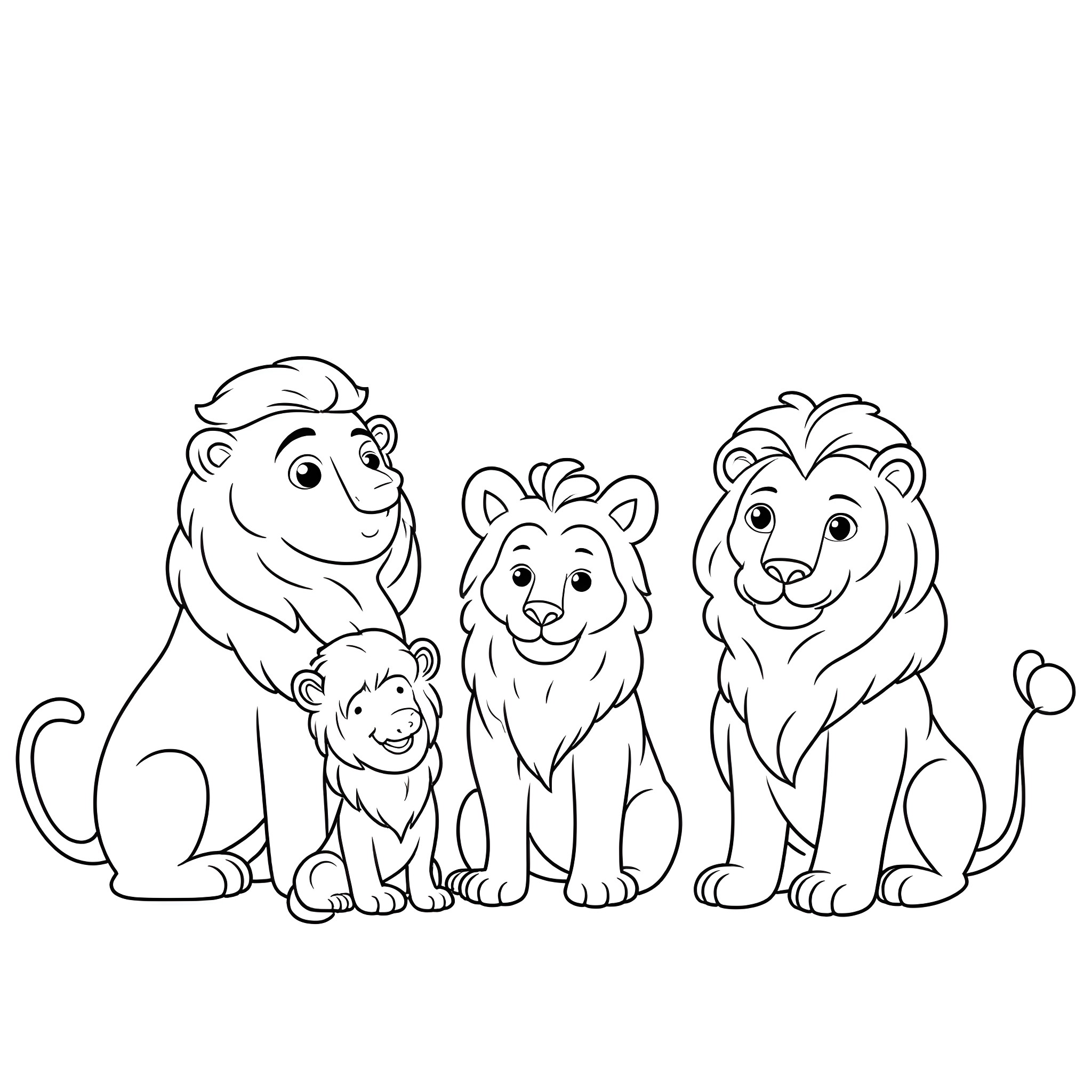 Lion family standing together in the wild Coloring Page (free black-and-white line drawing printable PDF for all, from beginners to advanced learners, including children, teens, adults, and seniors)