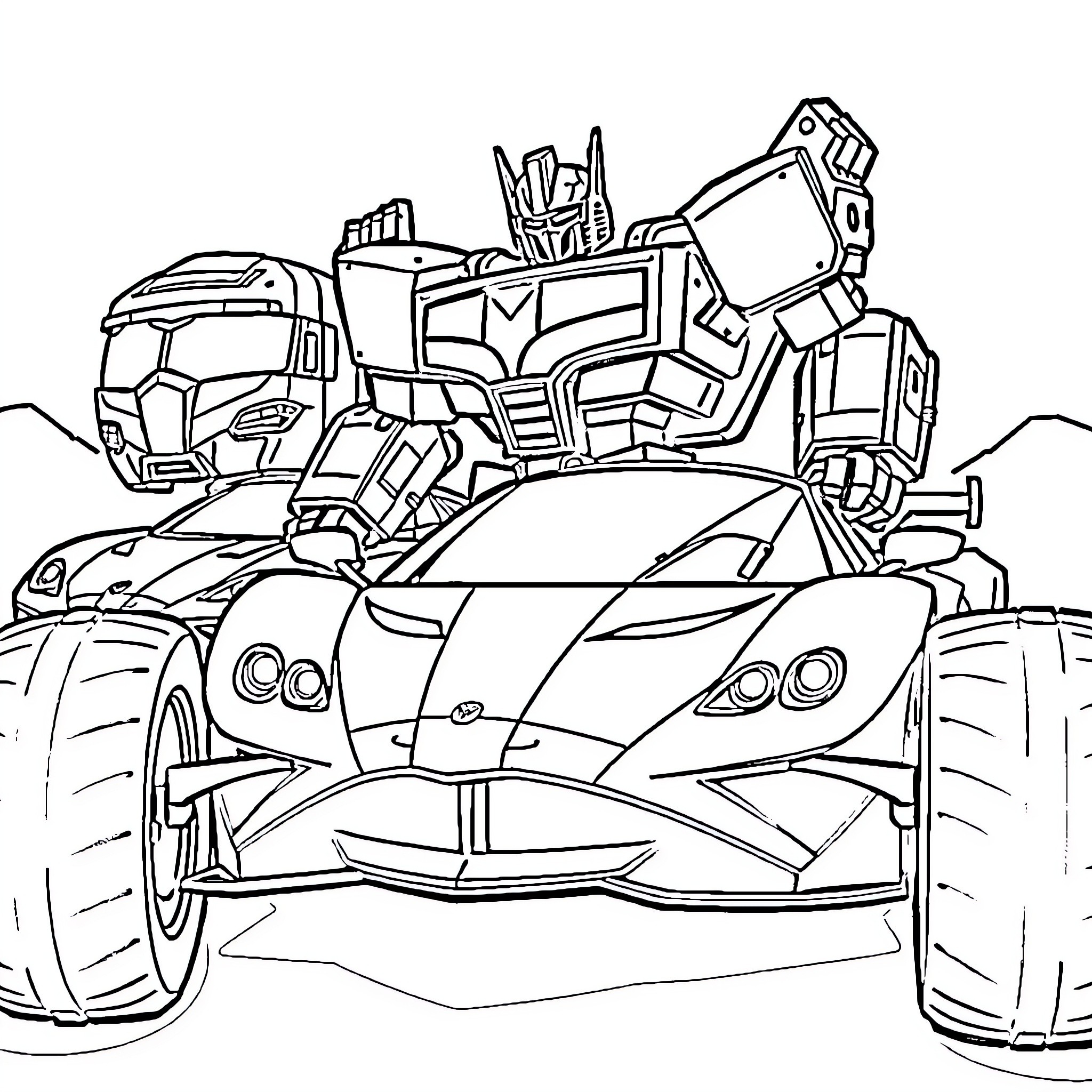Transformer robot riding futuristic vehicle Coloring Page (free black-and-white line drawing printable PDF for all, from beginners to advanced learners, including children, teens, adults, and seniors)
