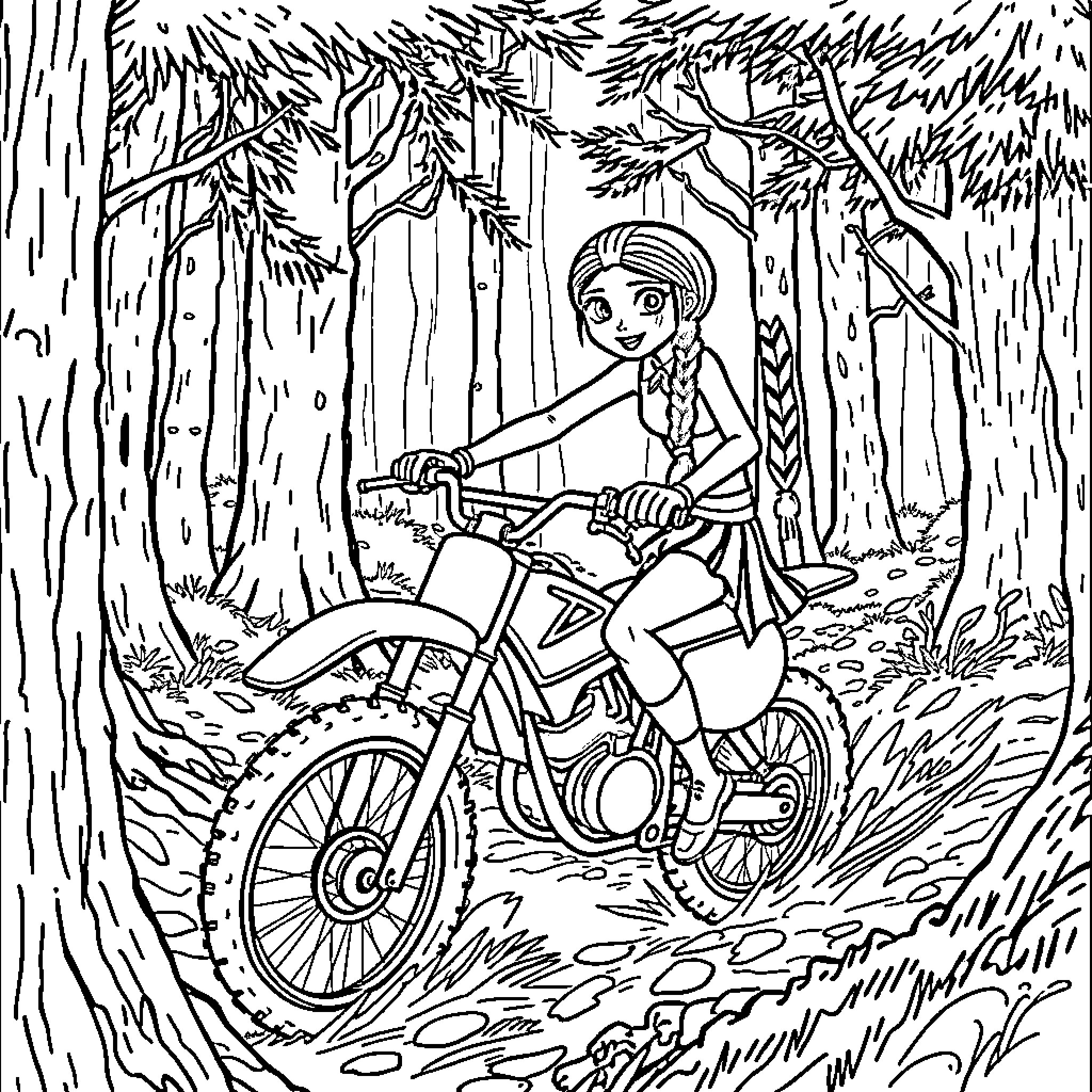Wednesday Addams Riding a Motorbike Through the Forest Coloring Page (free black-and-white line drawing printable PDF for all, from beginners to advanced learners, including children, teens, adults, and seniors)