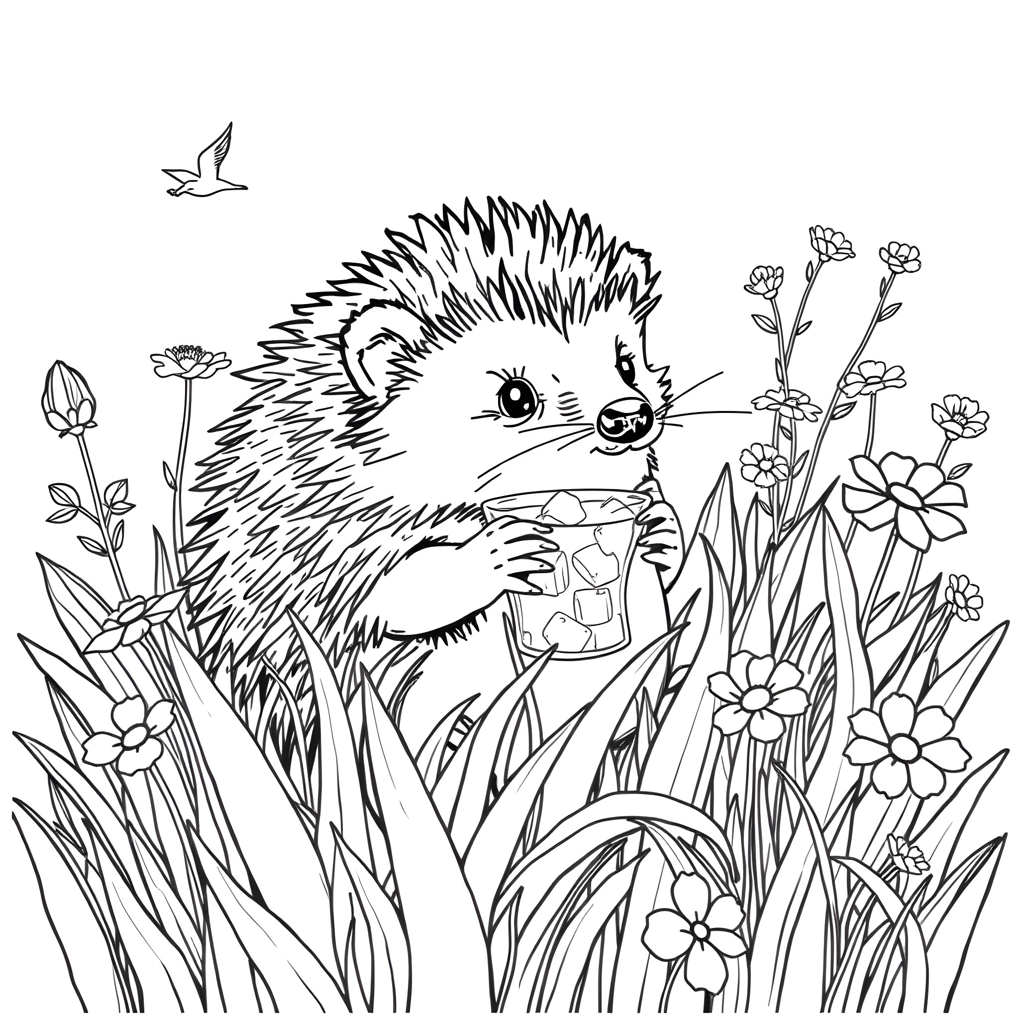 Hedgehog enjoying flowers in the meadow Coloring Page (free black-and-white line drawing printable PDF for all, from beginners to advanced learners, including children, teens, adults, and seniors)