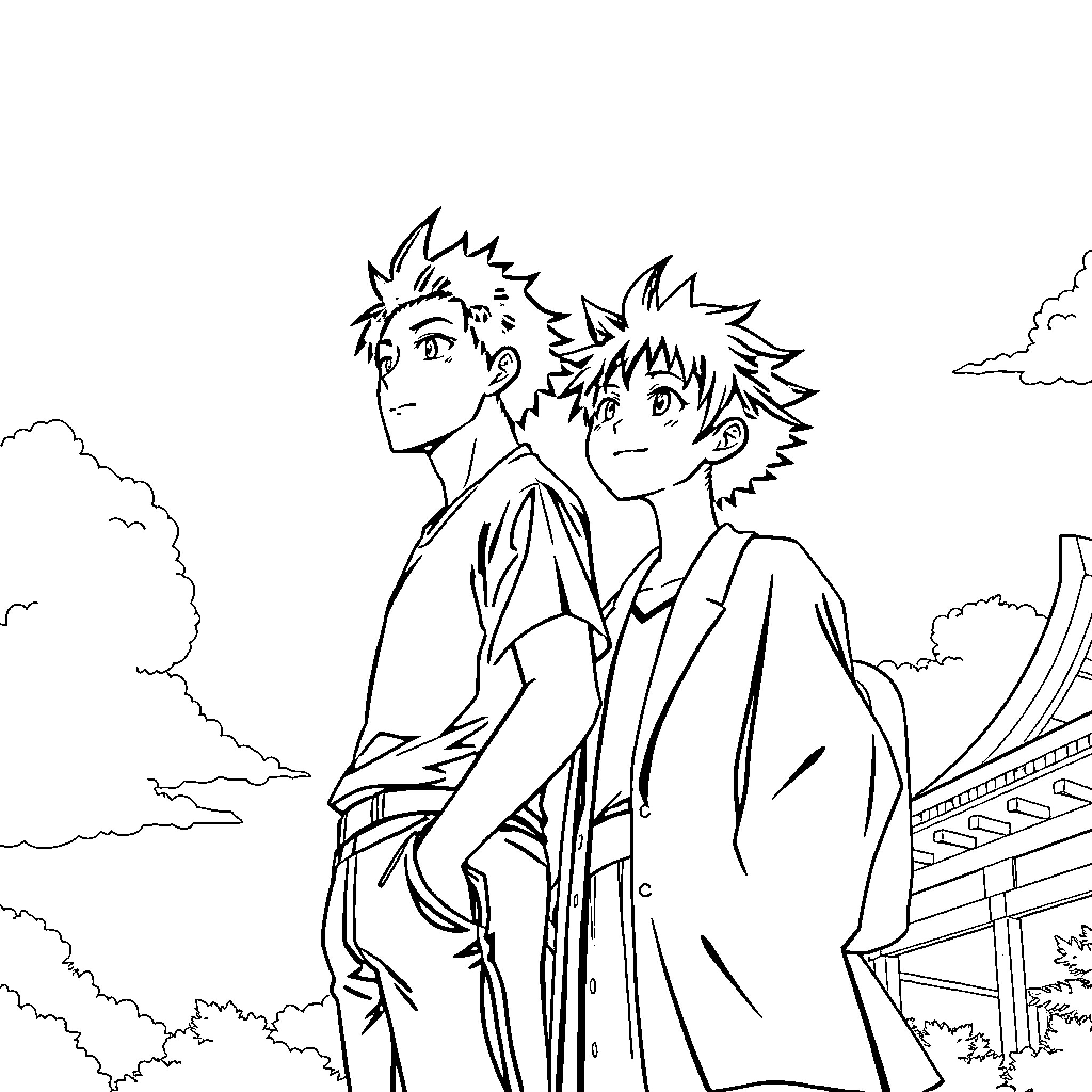 Tomioka Characters in Traditional Attire Outdoors Coloring Page (free black-and-white line drawing printable PDF for all, from beginners to advanced learners, including children, teens, adults, and seniors)