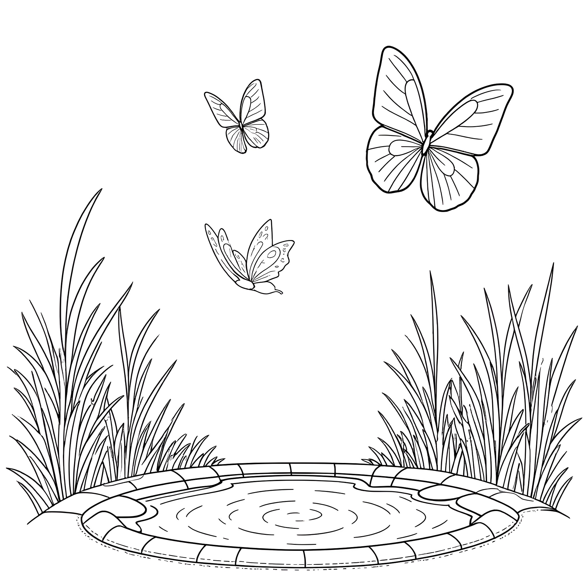 Butterflies fluttering around a peaceful pond Coloring Page (free black-and-white line drawing printable PDF for all, from beginners to advanced learners, including children, teens, adults, and seniors)