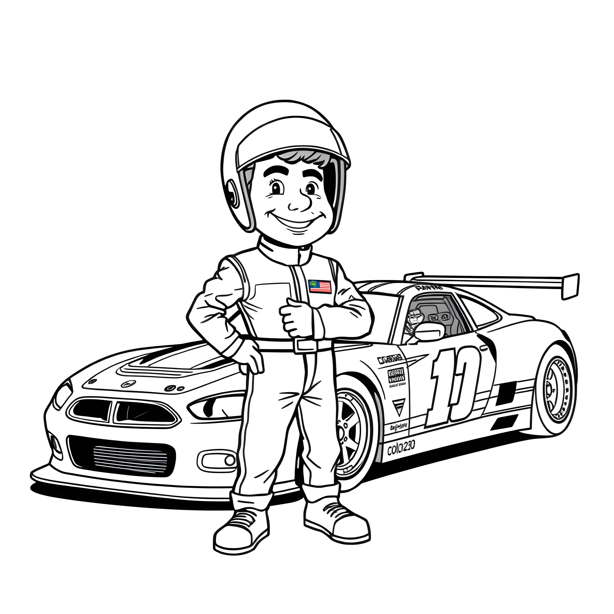 Ricky Bobby poses proudly with his race car Coloring Page (free black-and-white line drawing printable PDF for all, from beginners to advanced learners, including children, teens, adults, and seniors)